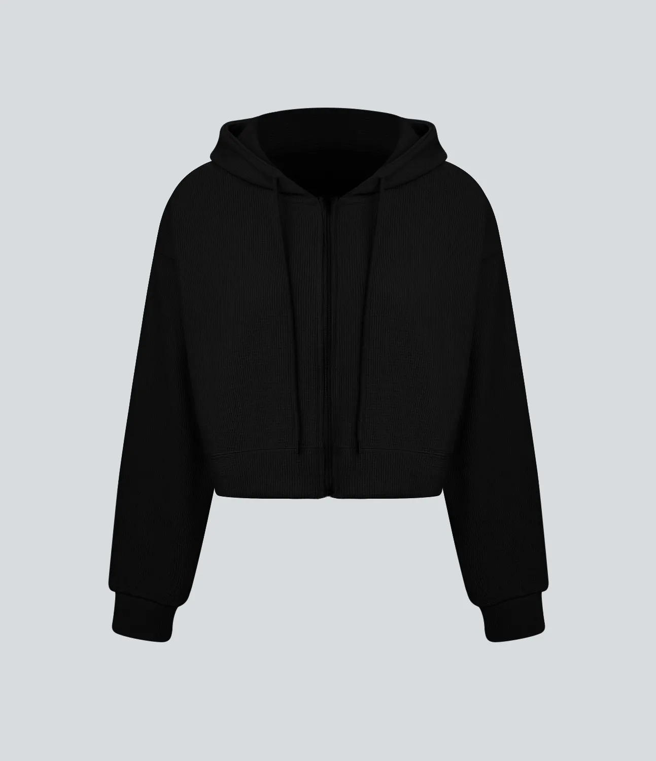 Halara Sudadera deportiva algodón recortada cremallera cordón capucha gofre - Black - L sold by Halara