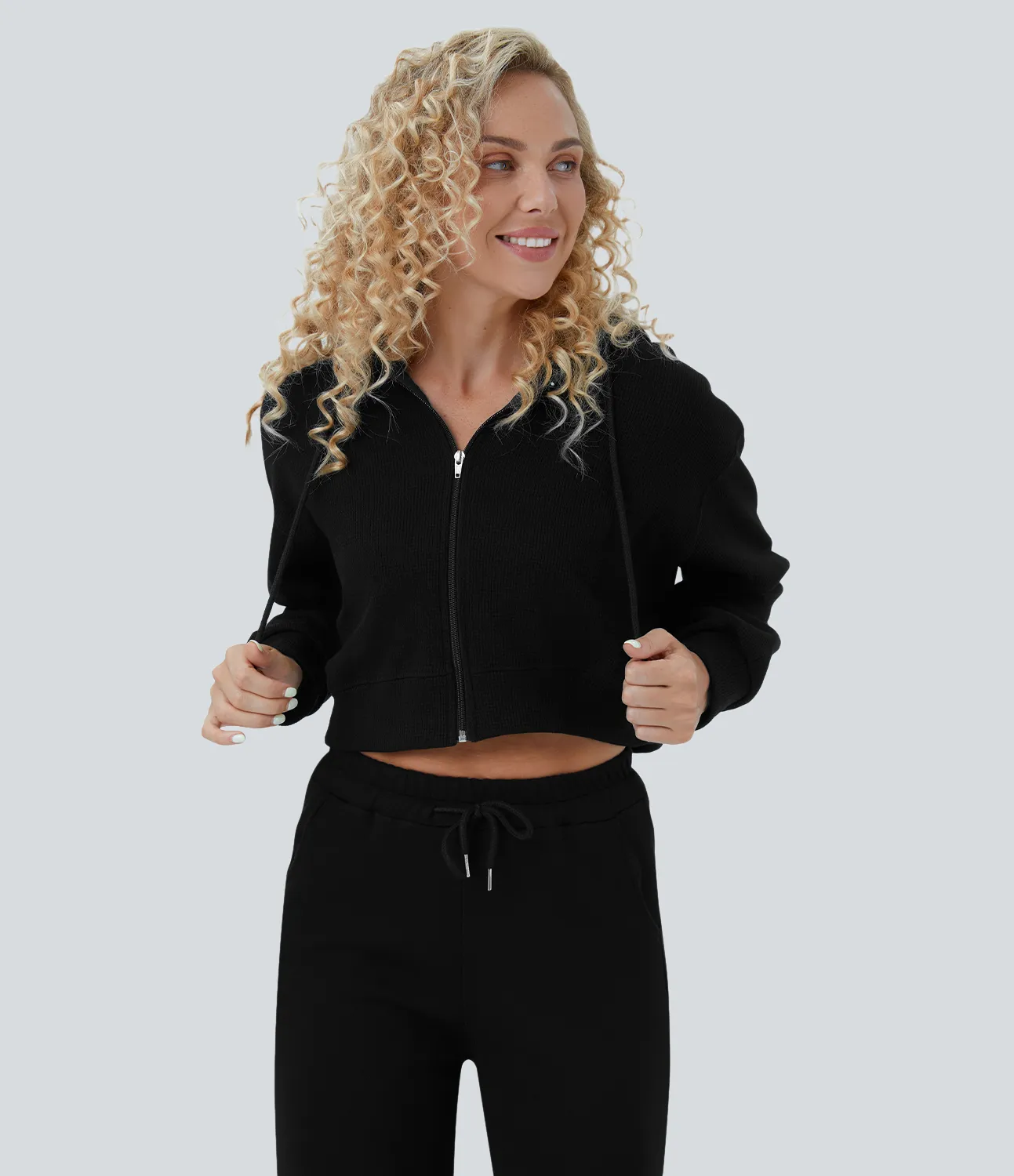 Halara Sudadera deportiva algodón recortada cremallera cordón capucha gofre - Black - L sold by Halara product image thumbnail 3
