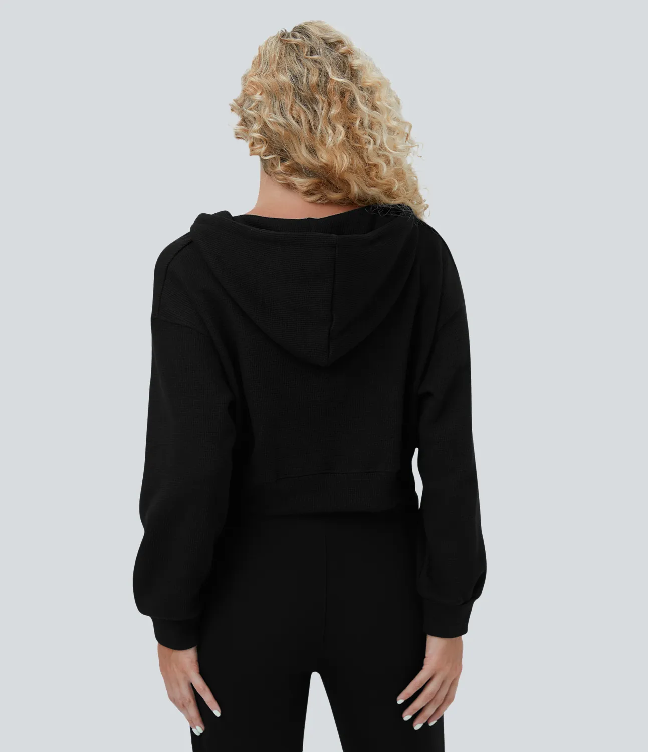 Halara Sudadera deportiva algodón recortada cremallera cordón capucha gofre - Black - L sold by Halara product image thumbnail 4