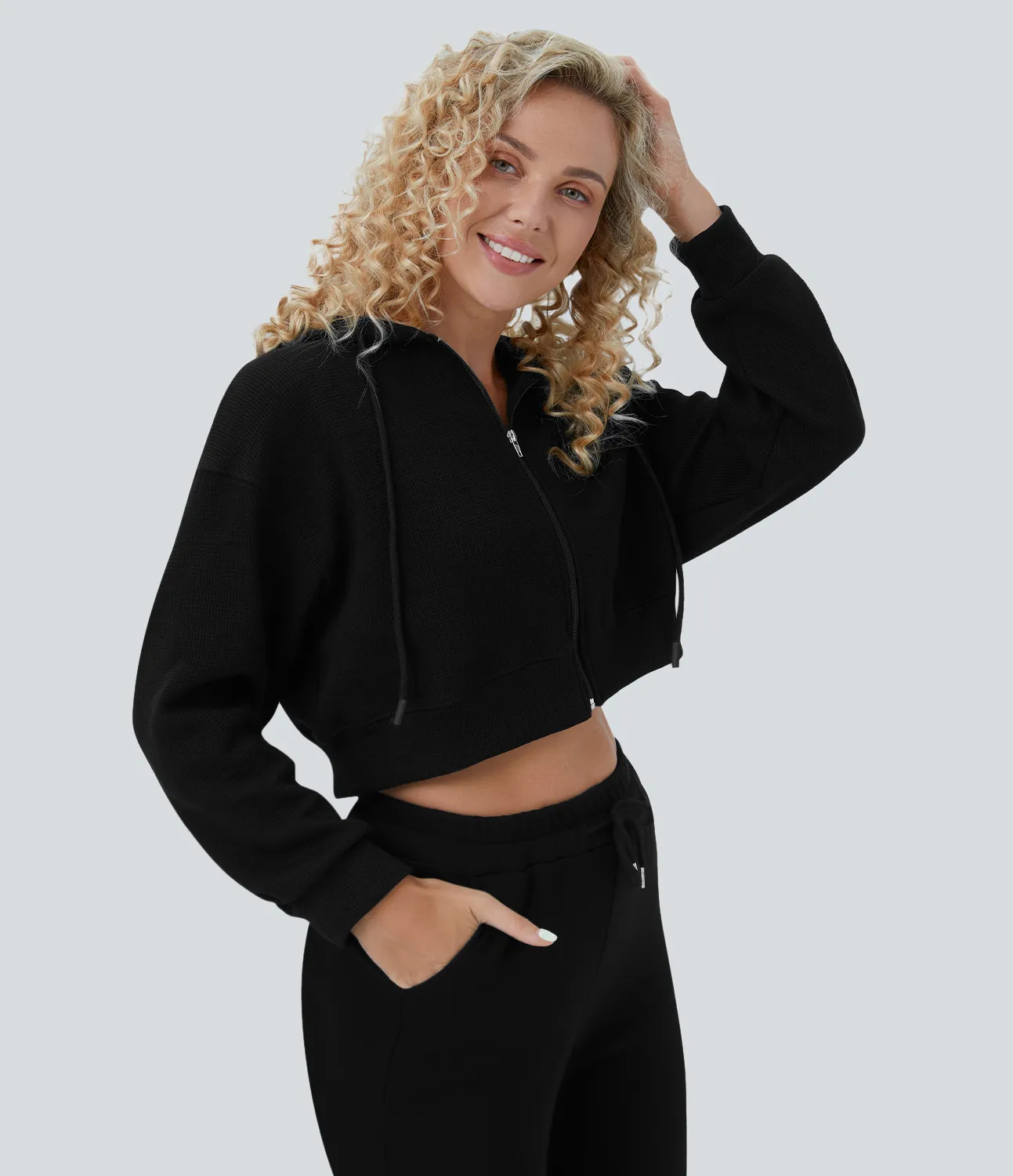 Halara Sudadera deportiva algodón recortada cremallera cordón capucha gofre - Black - L sold by Halara product image thumbnail 5