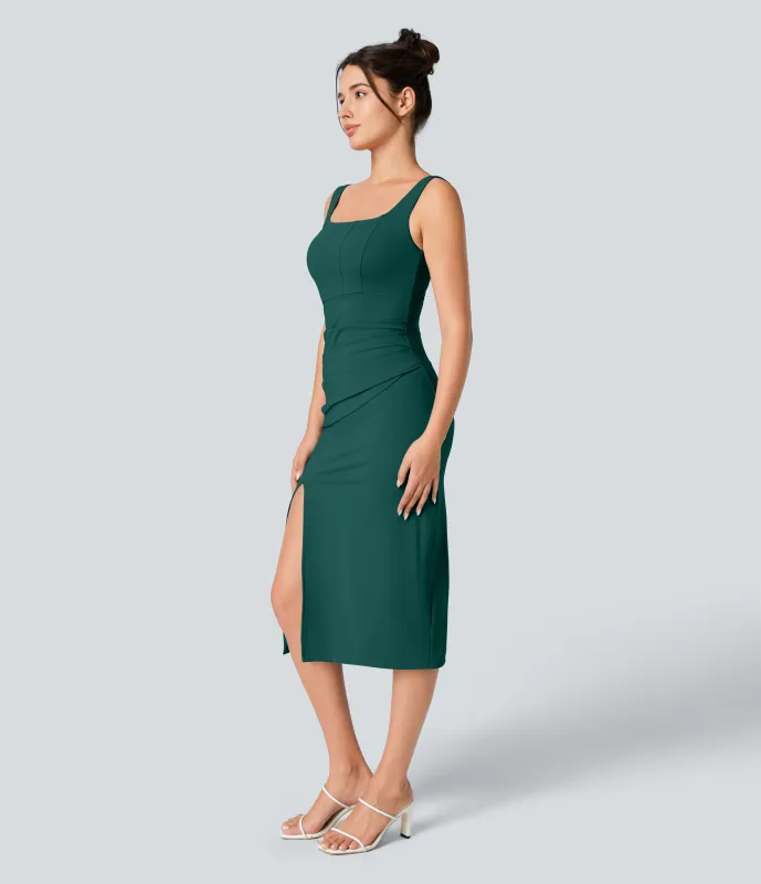 Halara Vestido midi ajustado Softlyzero™ Airy con escote cuadrado, espalda descubierta, fruncido y abertura de tacto fresco para dama de honor e invitada de boda - Forest Biome - S made by Halara