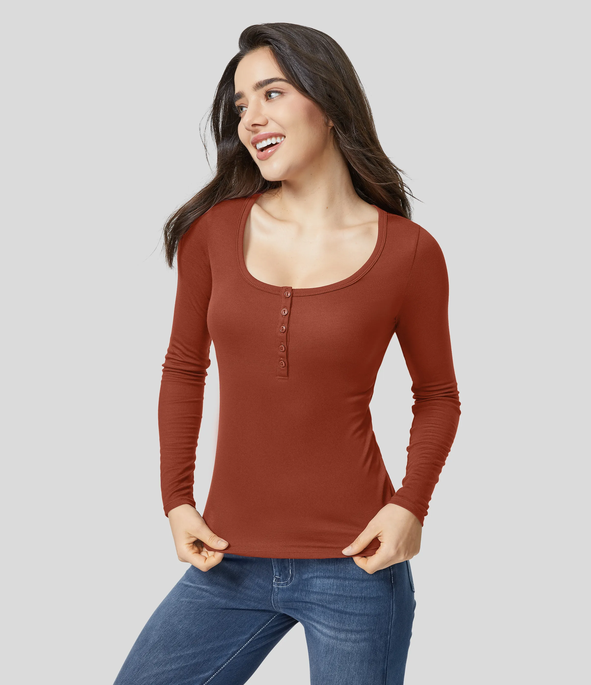 Halara Top ajustado manga larga cuello Henley acanalado - Picante - XL sold by Halara product image thumbnail 4