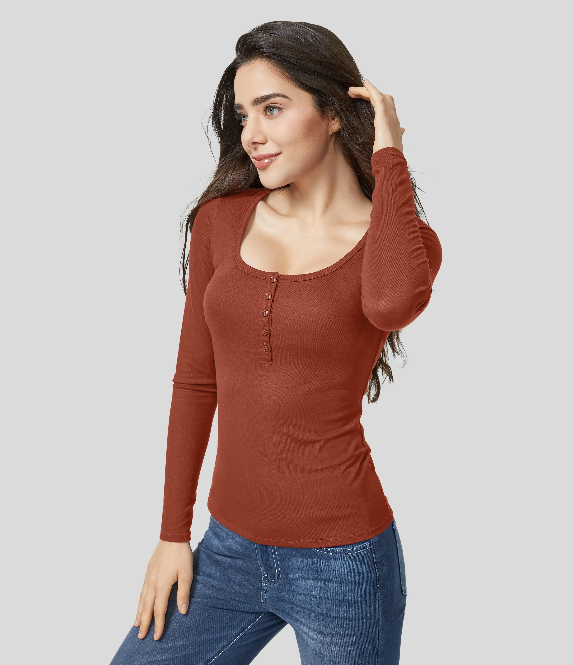 Halara Top ajustado manga larga cuello Henley acanalado - Picante - XL sold by Halara product image thumbnail 5