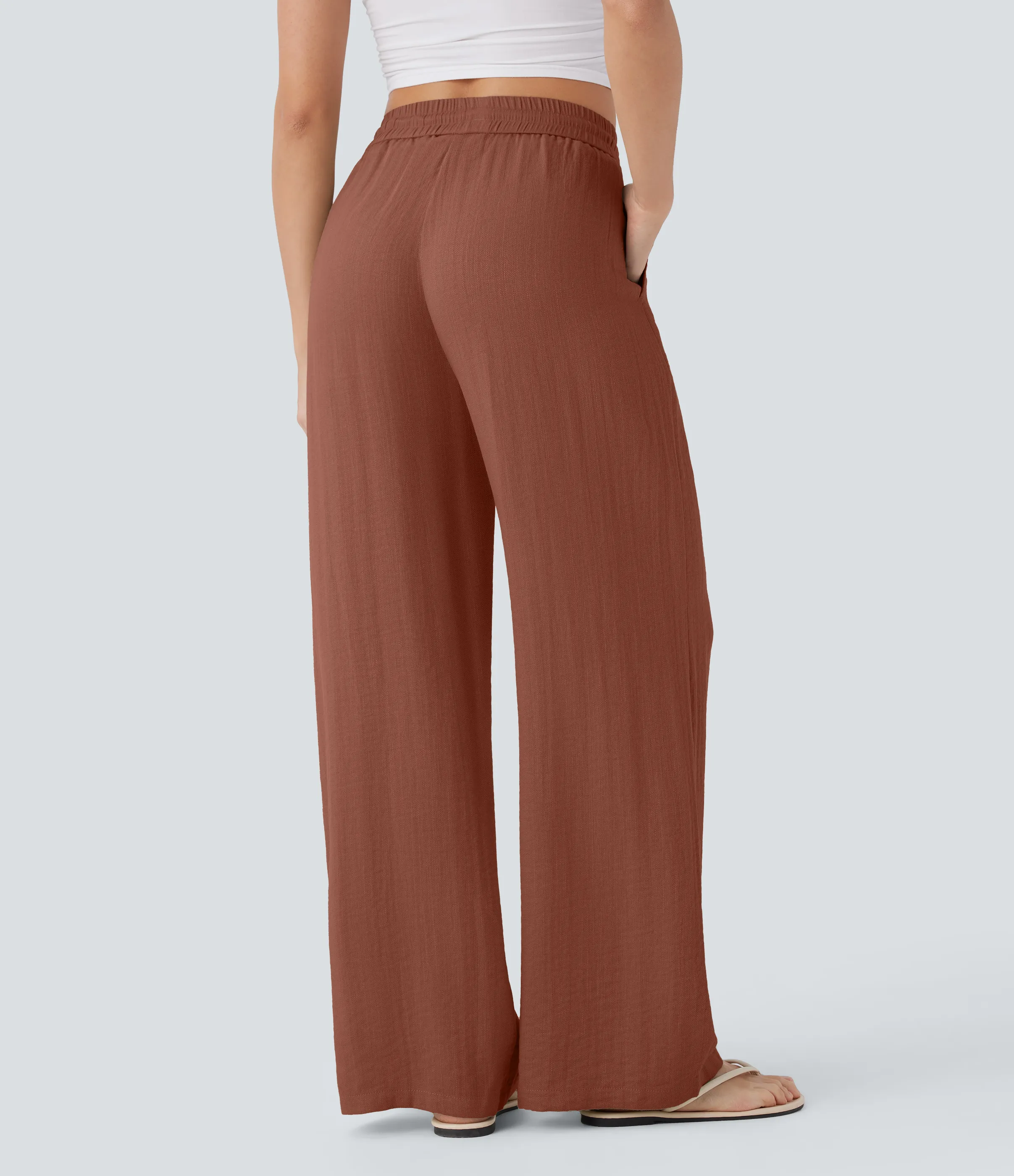 Halara Pantalón lino tiro alto cordón ajustable bolsillo lateral pierna ancha - Sequoia - M(extall) sold by Halara product image thumbnail 3
