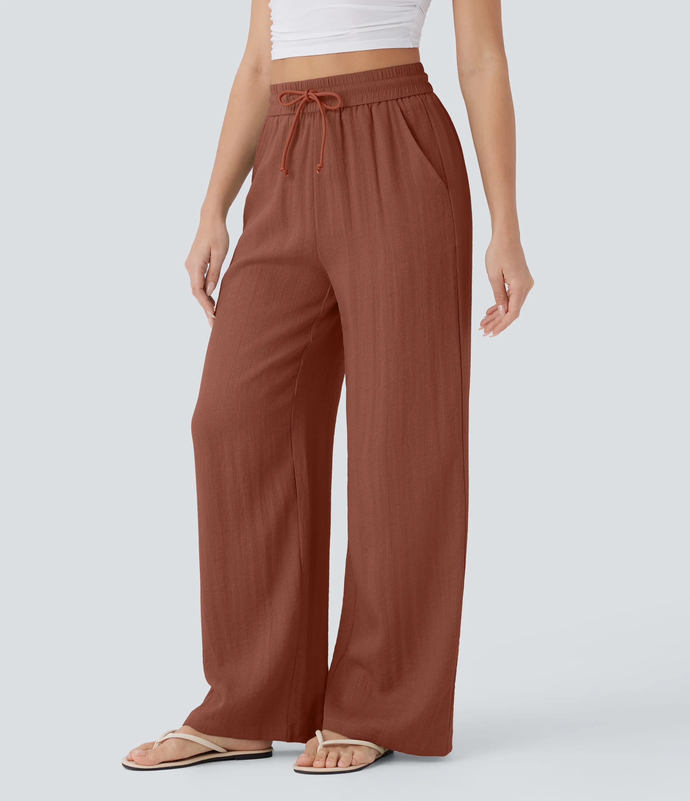Halara Pantalón lino tiro alto cordón ajustable bolsillo lateral pierna ancha - Sequoia - M(extall) sold by Halara product image thumbnail 4