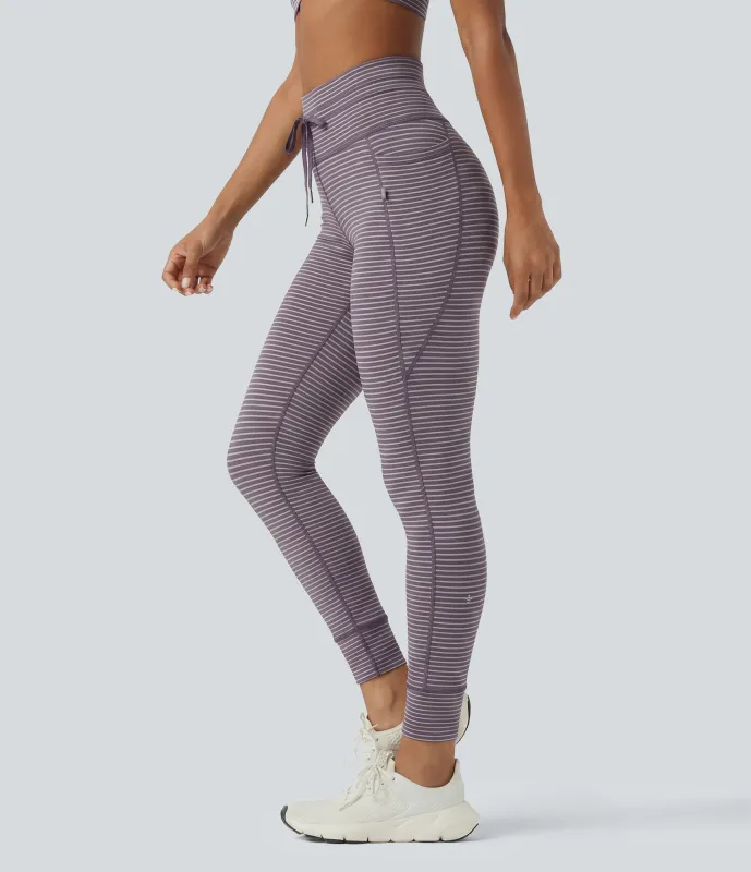 Halara Leggings de yoga de tiro alto a rayas con cordón y bolsillos - Charcoal Stripe - L(7/8) made by Halara