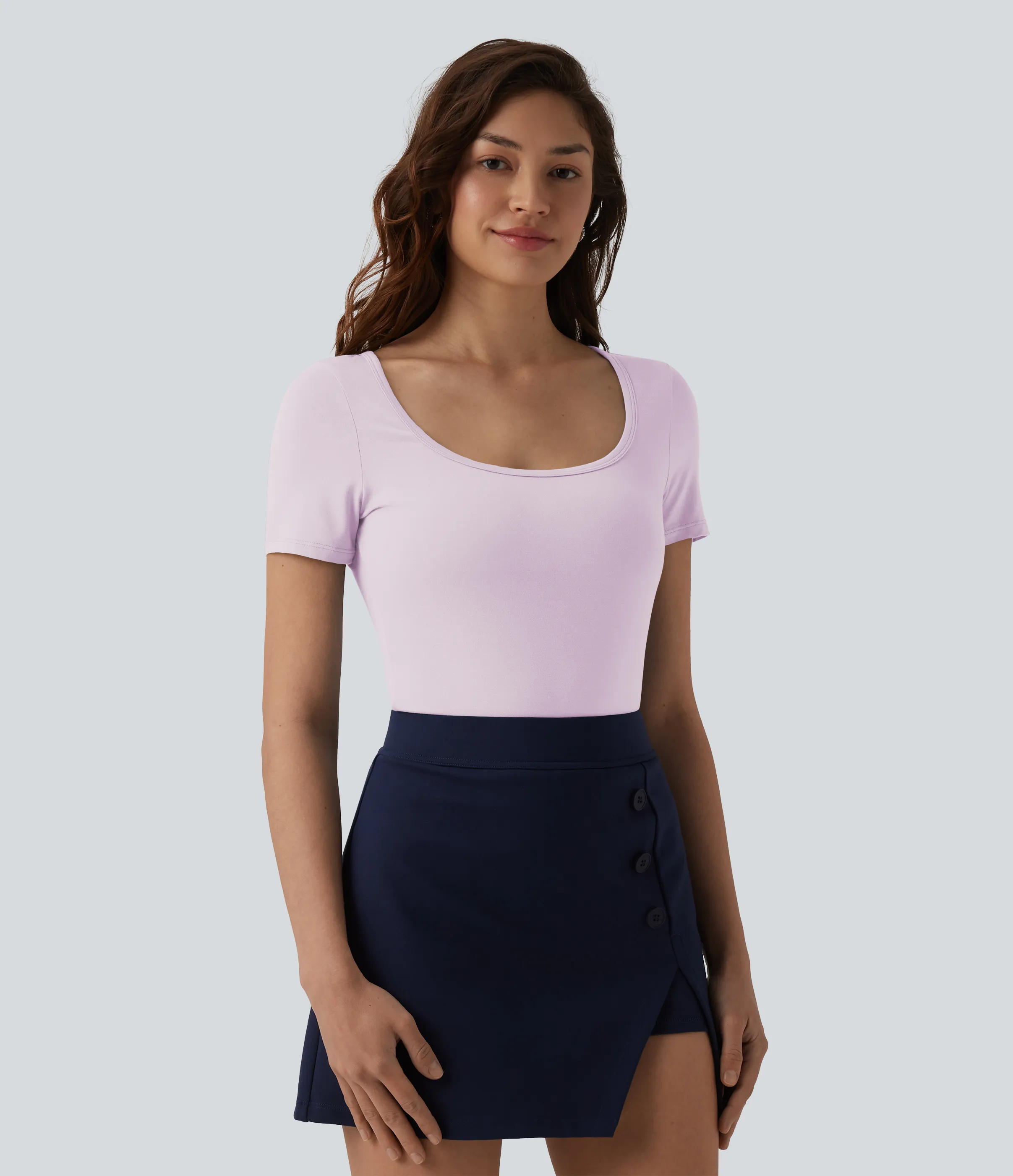 Halara Body oficina ajustado botón presión manga corta cuello U - Orchid Ice - XS sold by Halara