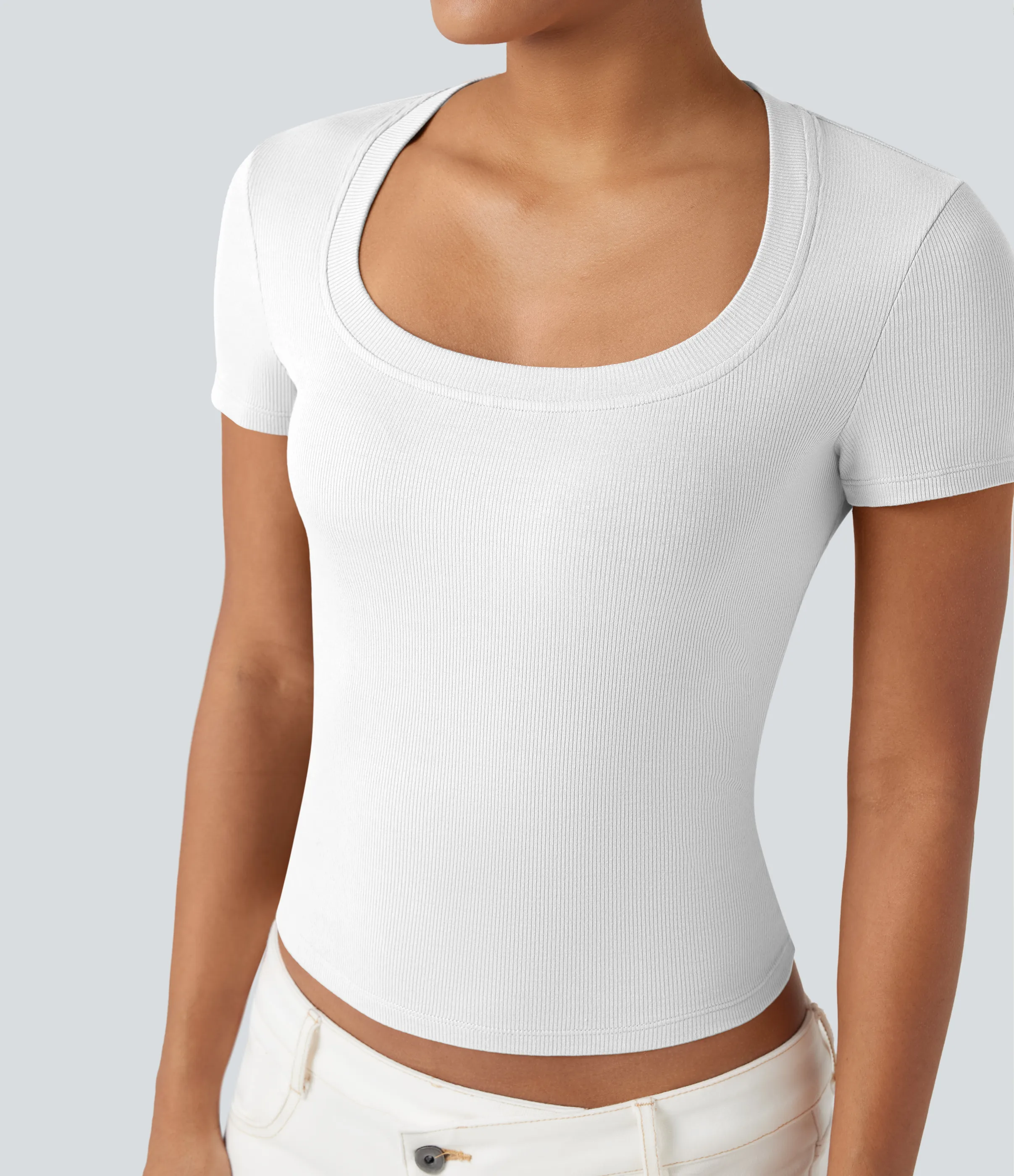 Halara Camiseta casual de manga corta de punto acanalado - White - M sold by Halara