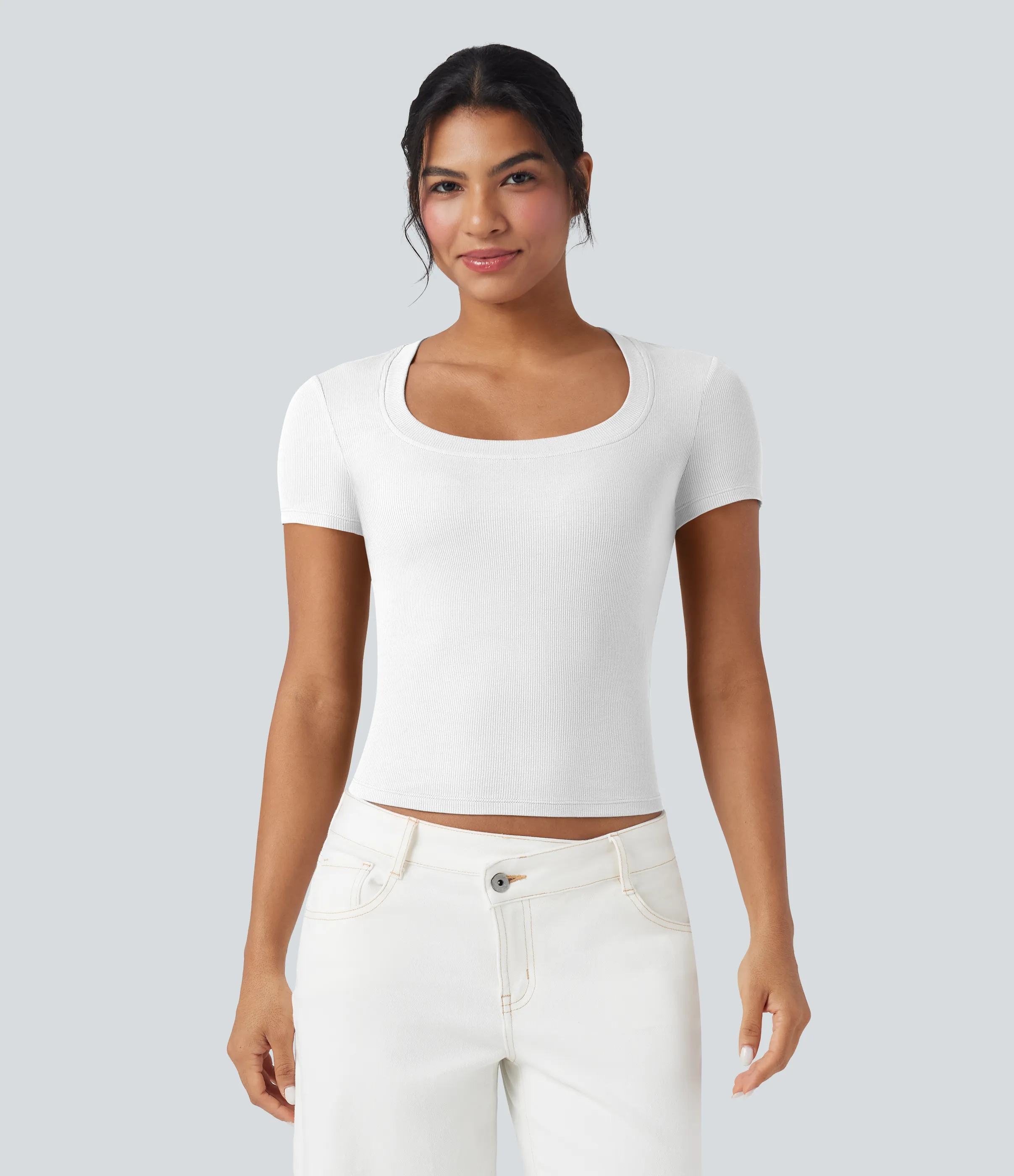 Halara Camiseta casual de manga corta de punto acanalado - White - M sold by Halara product image thumbnail 4