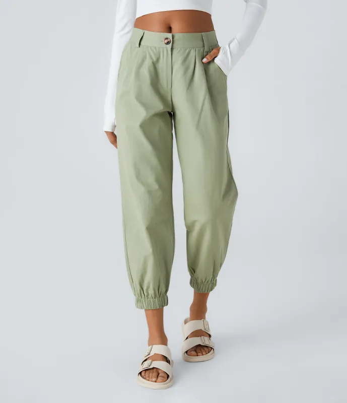 Halara Joggers algodón bolsillo lateral cremallera botón tiro medio - Laurel Green - L(regular) made by Halara