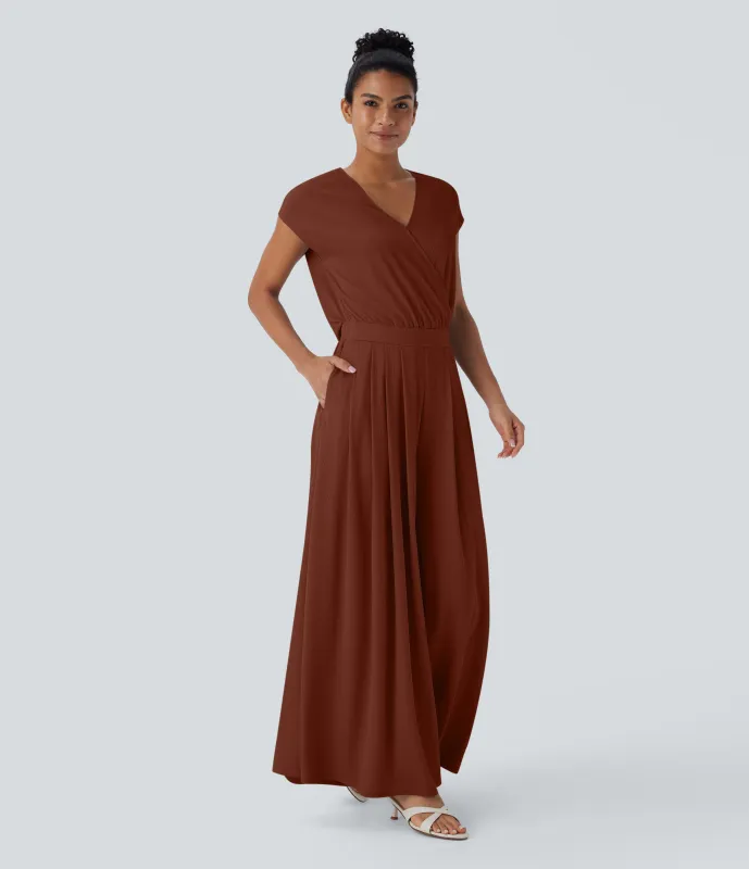 Halara Mono holgado cuello V manga corta bolsillo lateral pierna ancha edición Easy Peezy - Brandy Brown - S(regular) made by Halara