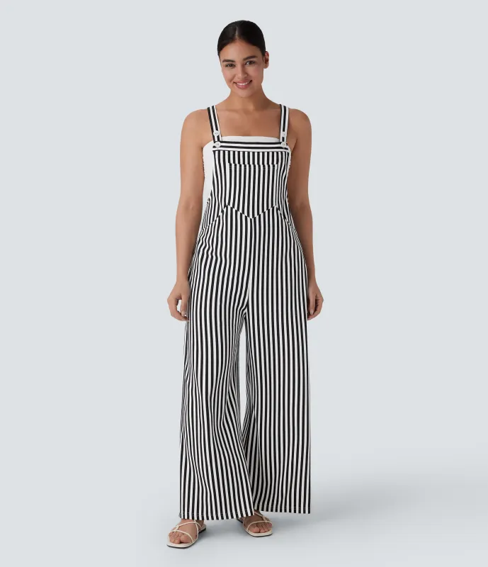Halara Overol resort gofre raya múltiple bolsillo botón correa ajustable - Black White Horizontal Stripe - L(petite) made by Halara