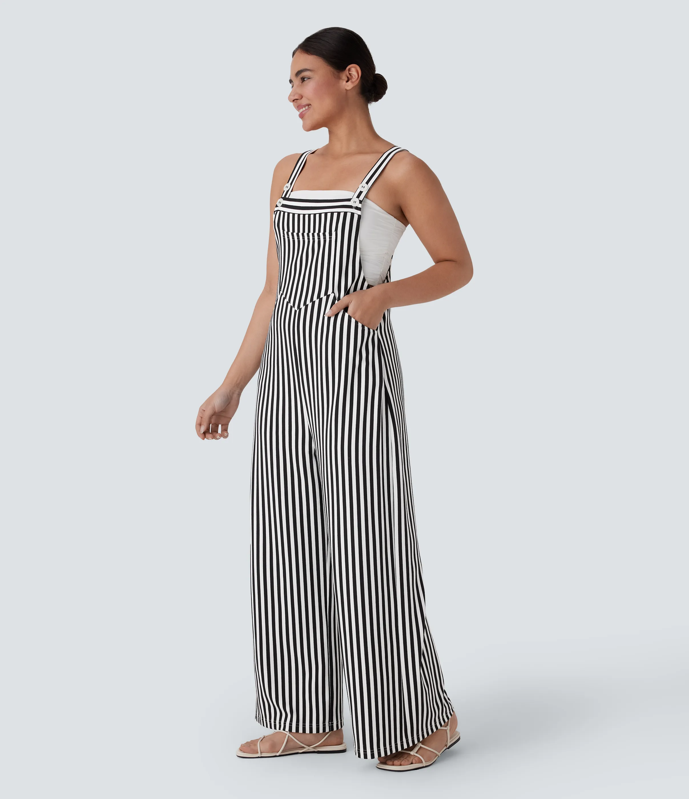 Halara Overol resort gofre raya múltiple bolsillo botón correa ajustable - Black White Horizontal Stripe - L(petite) sold by Halara product image thumbnail 4