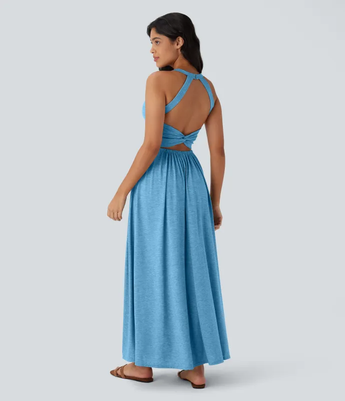 Halara Vestido largo playero fluido con abertura y bolsillos laterales y espalda abierta cruzada - Clear Coast Blue - L made by Halara