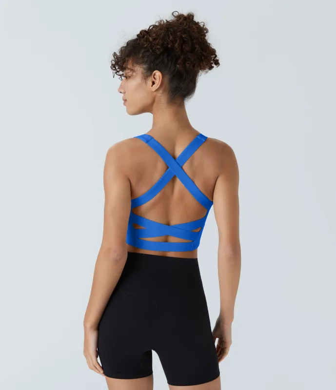 Halara Top corto de yoga SoftlyZero™ Airy con escote cuadrado, sin espalda, tirantes cruzados y tacto fresco-UPF50+ en copas D-F - Elegant Blue - L made by Halara