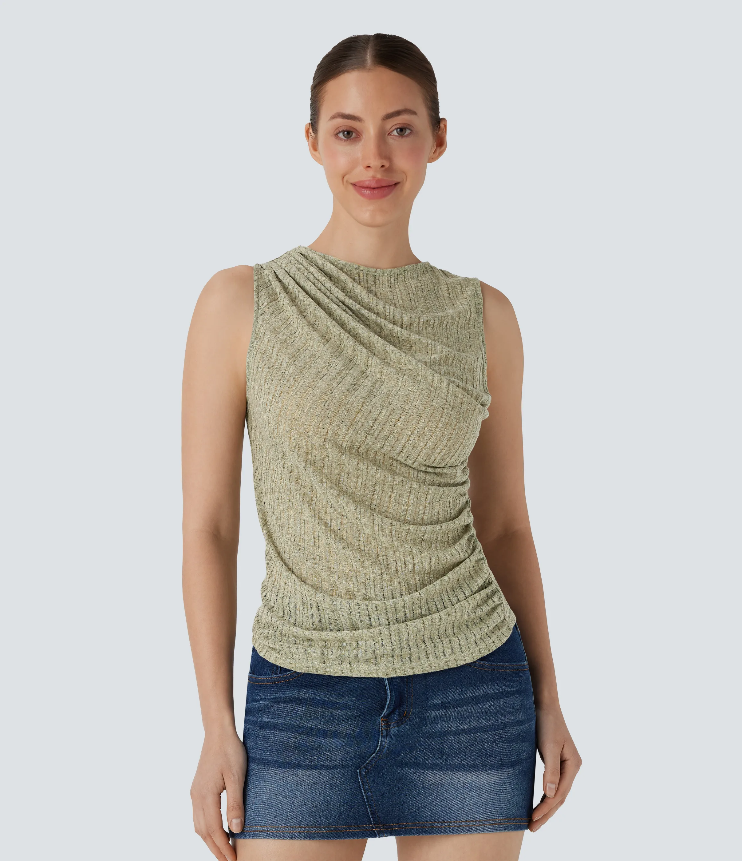 Halara Top casual asimétrico acanalado y fruncido sin mangas - Moss Green Light Floral Yarn - M sold by Halara product image thumbnail 3