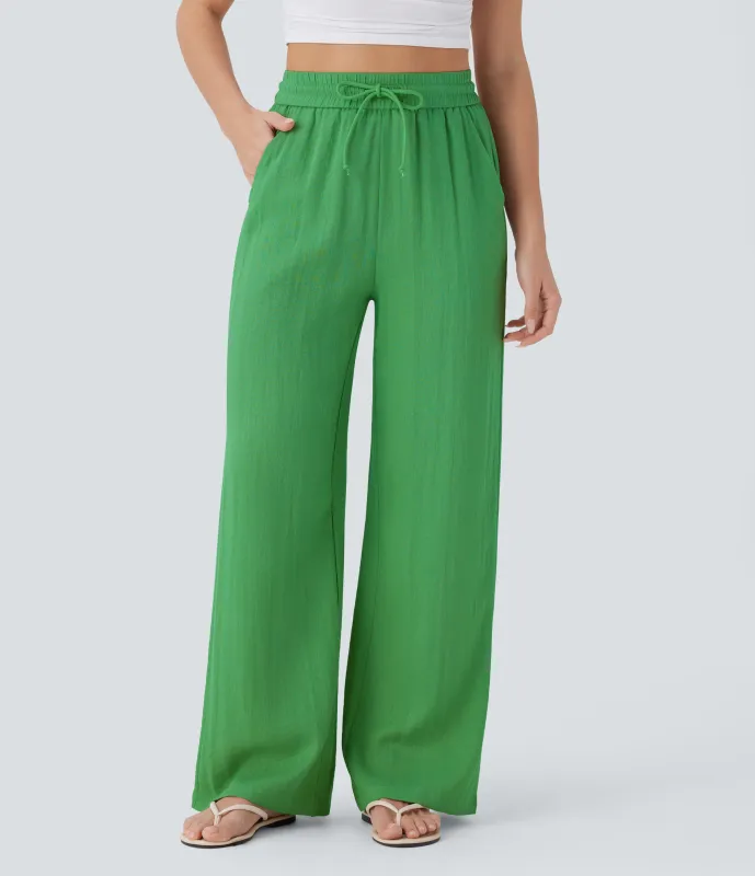 Halara Pantalón lino tiro alto cordón ajustable bolsillo lateral pierna ancha - Kelly Green - M(tall) made by Halara