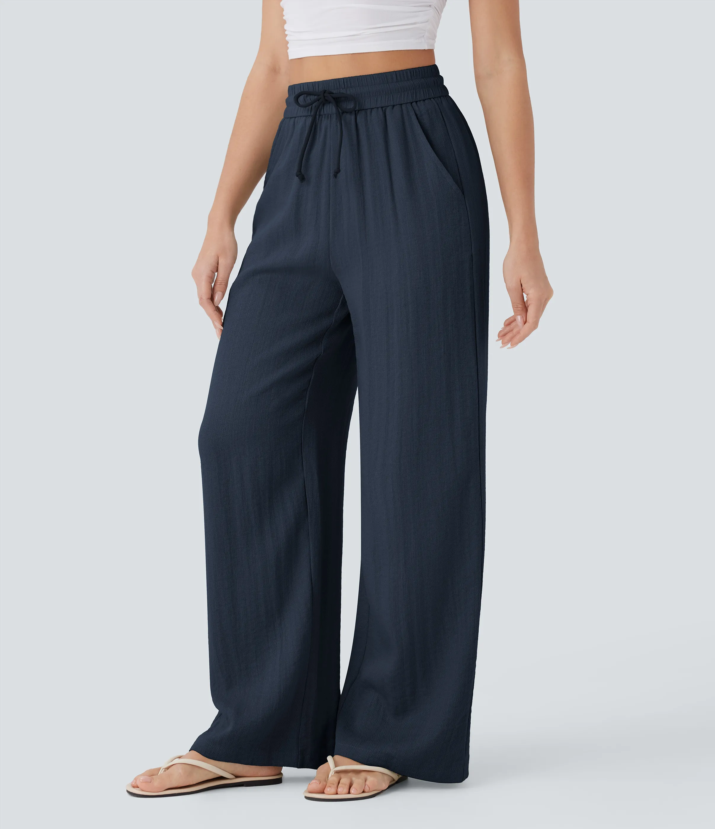 Halara Pantalón lino tiro alto cordón ajustable bolsillo lateral pierna ancha - Dark Blue - XS(extall) sold by Halara product image thumbnail 4