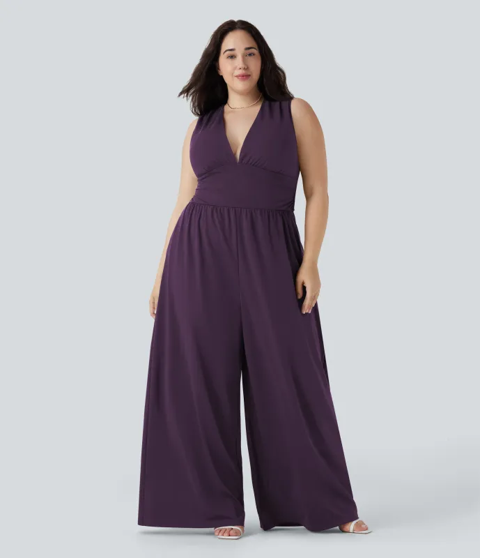 Halara Mono fiesta sin mangas cuello V bolsillo lateral talla grande- Edición Easy Peezy - Purple Pennant - 1X(regular) made by Halara