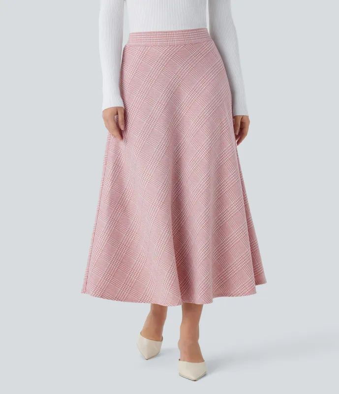 Halara Falda midi acampanada cuadro pata gallo bolsillo lateral tiro alto - Bean Paste Houndstooth Plaid - XS(regular) made by Halara
