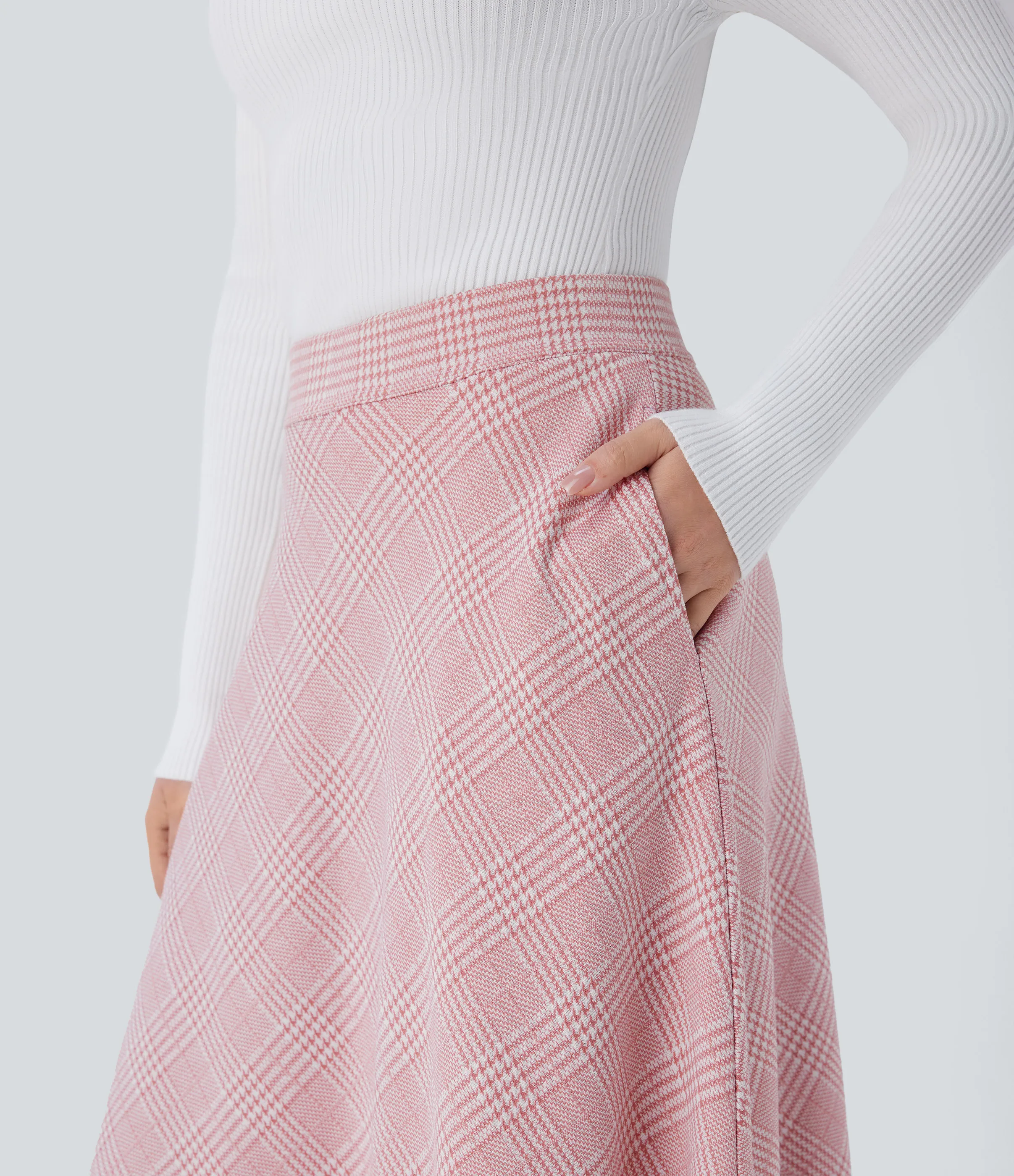 Halara Falda midi acampanada cuadro pata gallo bolsillo lateral tiro alto - Bean Paste Houndstooth Plaid - L(regular) sold by Halara product image thumbnail 5