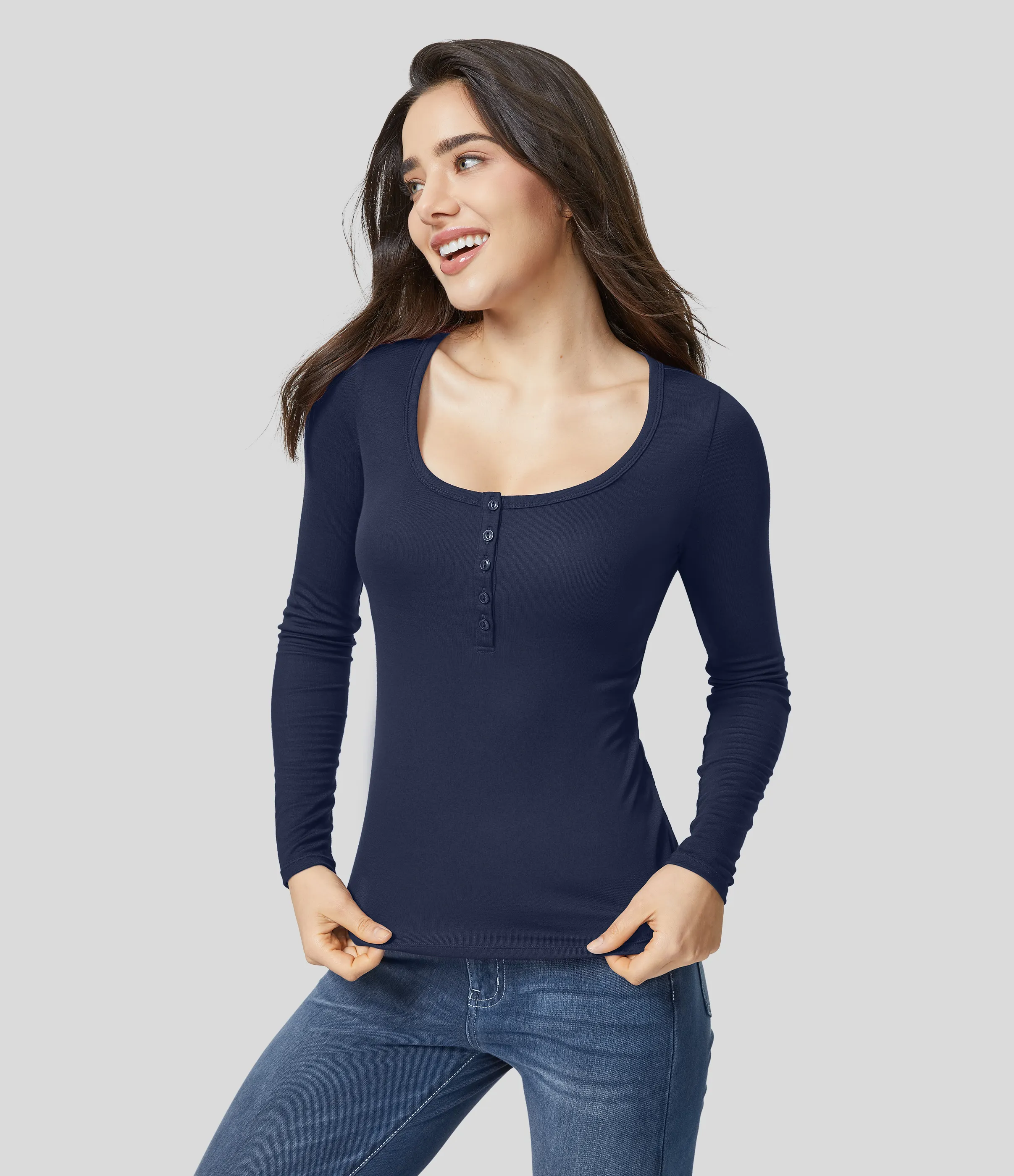 Halara Top ajustado manga larga cuello Henley acanalado - Nightfall Blue - XS sold by Halara product image thumbnail 4