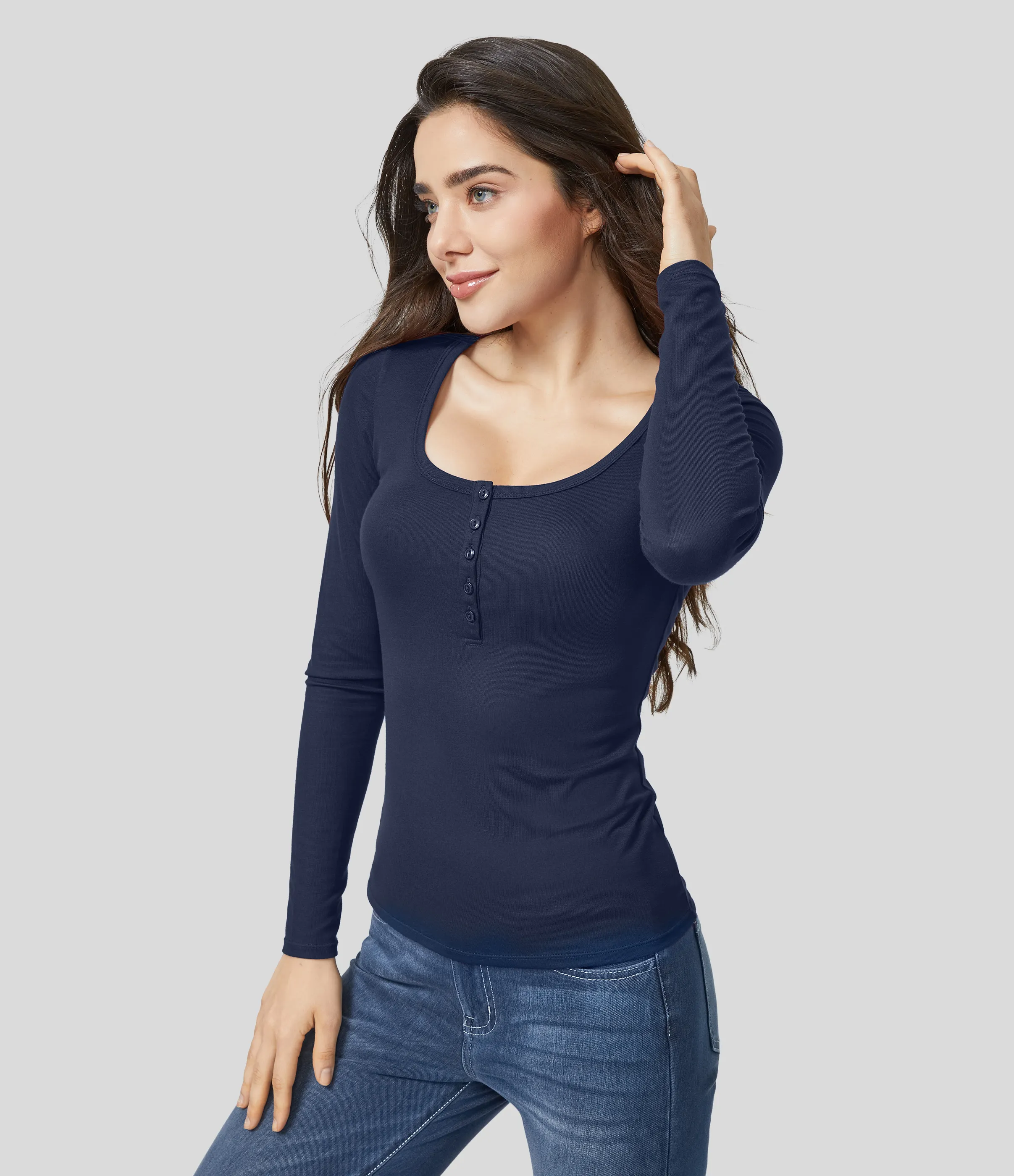 Halara Top ajustado manga larga cuello Henley acanalado - Nightfall Blue - XS sold by Halara product image thumbnail 5