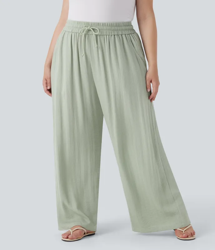 Halara Pantalón lino tiro alto cordón ajustable pierna ancha bolsillo talla grande - Thin Mint - Seafoam - 2X(tall) made by Halara