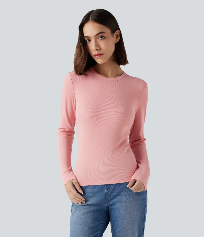 Halara Top casual de manga larga con cuello redondo y punto acanalado - Powder Pink - L made by Halara