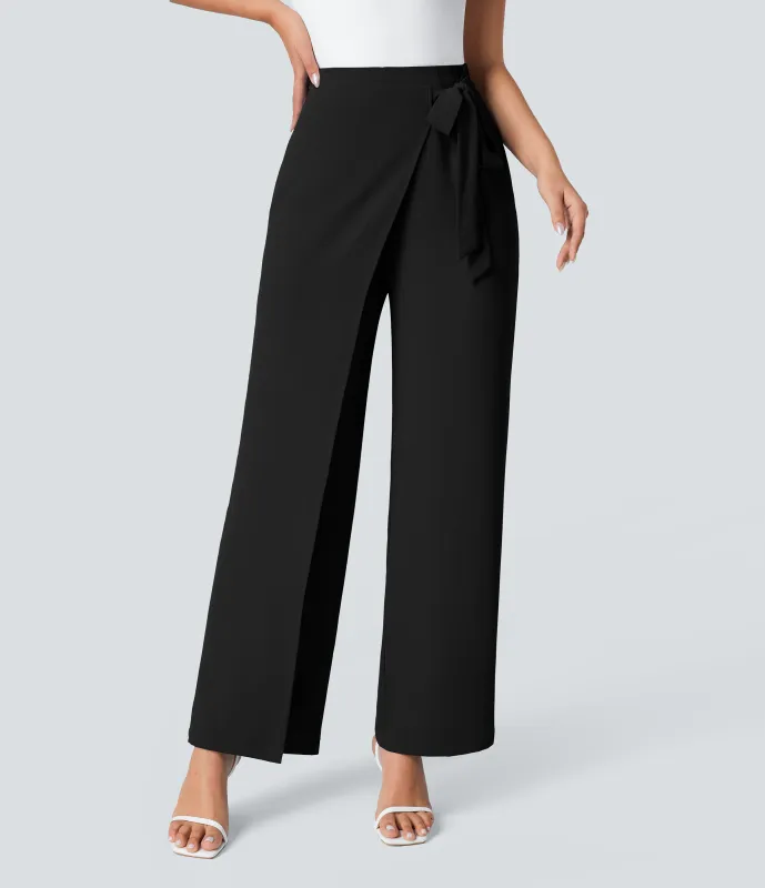Halara Pantalón oficina pierna ancha cremallera invisible tiro alto lazo lateral - Black - L(petite) made by Halara