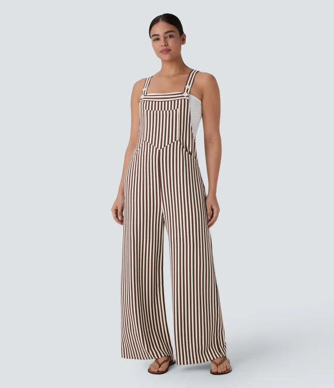 Halara Overol resort gofre raya múltiple bolsillo botón correa ajustable - Khaki Brown Horizontal Stripe - L(petite) made by Halara