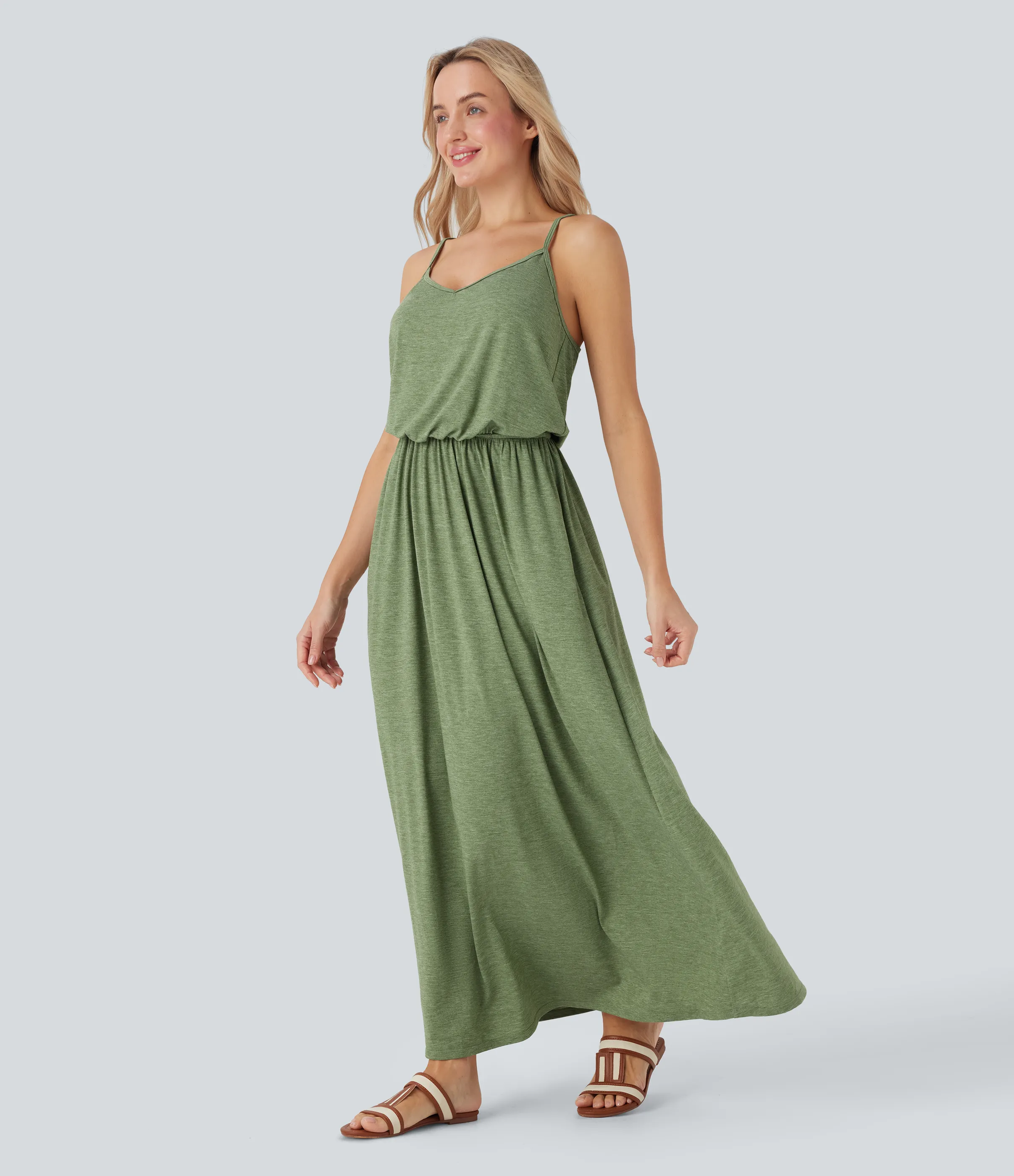 Halara Vestido largo fluido con tirantes ajustables y bolsillos para vacaciones - Light Green Floral Yarn - XS sold by Halara product image thumbnail 4