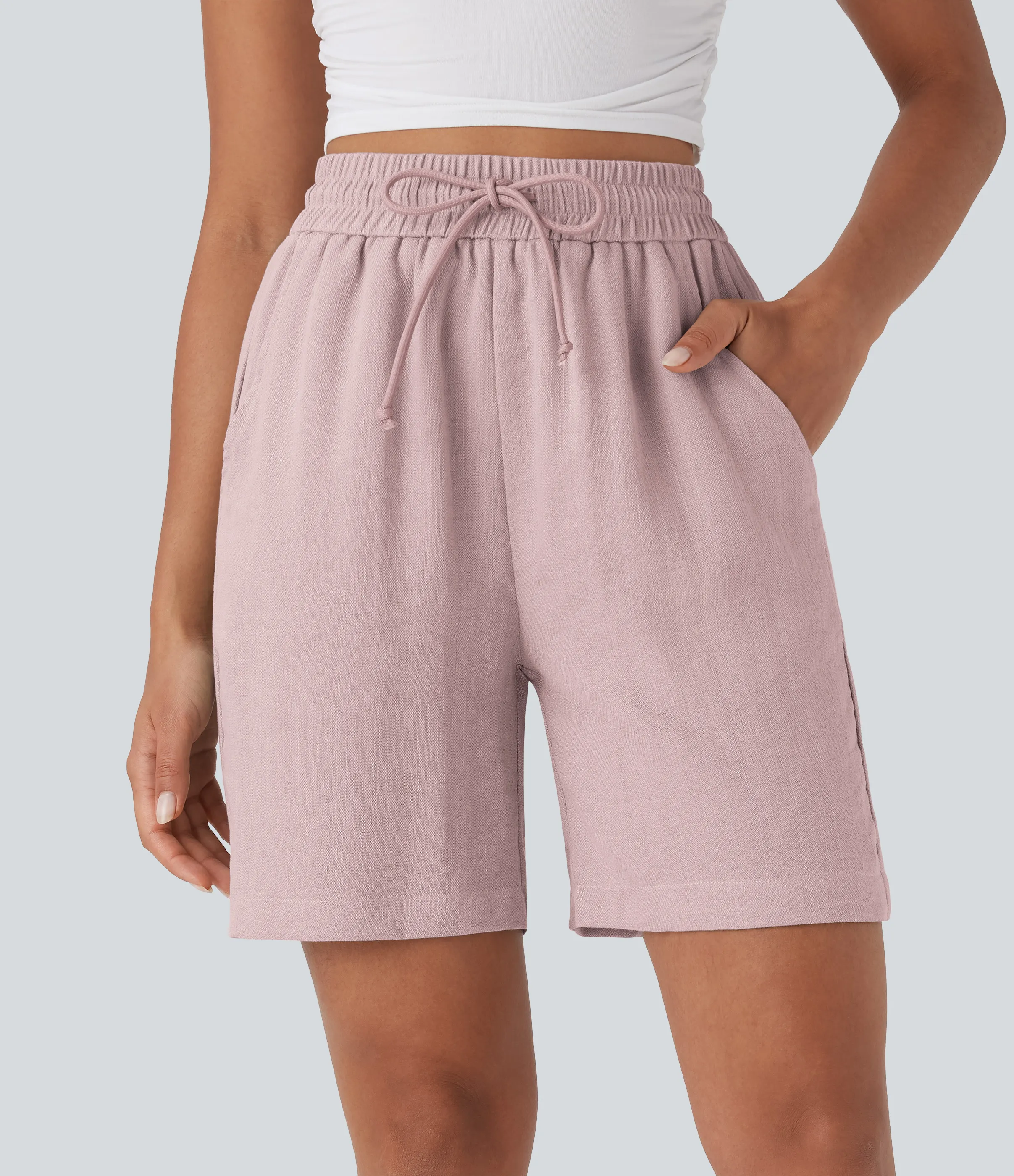 Halara Shorts casuales de lino con tiro alto y cordón ajustable con bolsillos laterales - Pale Mauve - S sold by Halara product image thumbnail 2