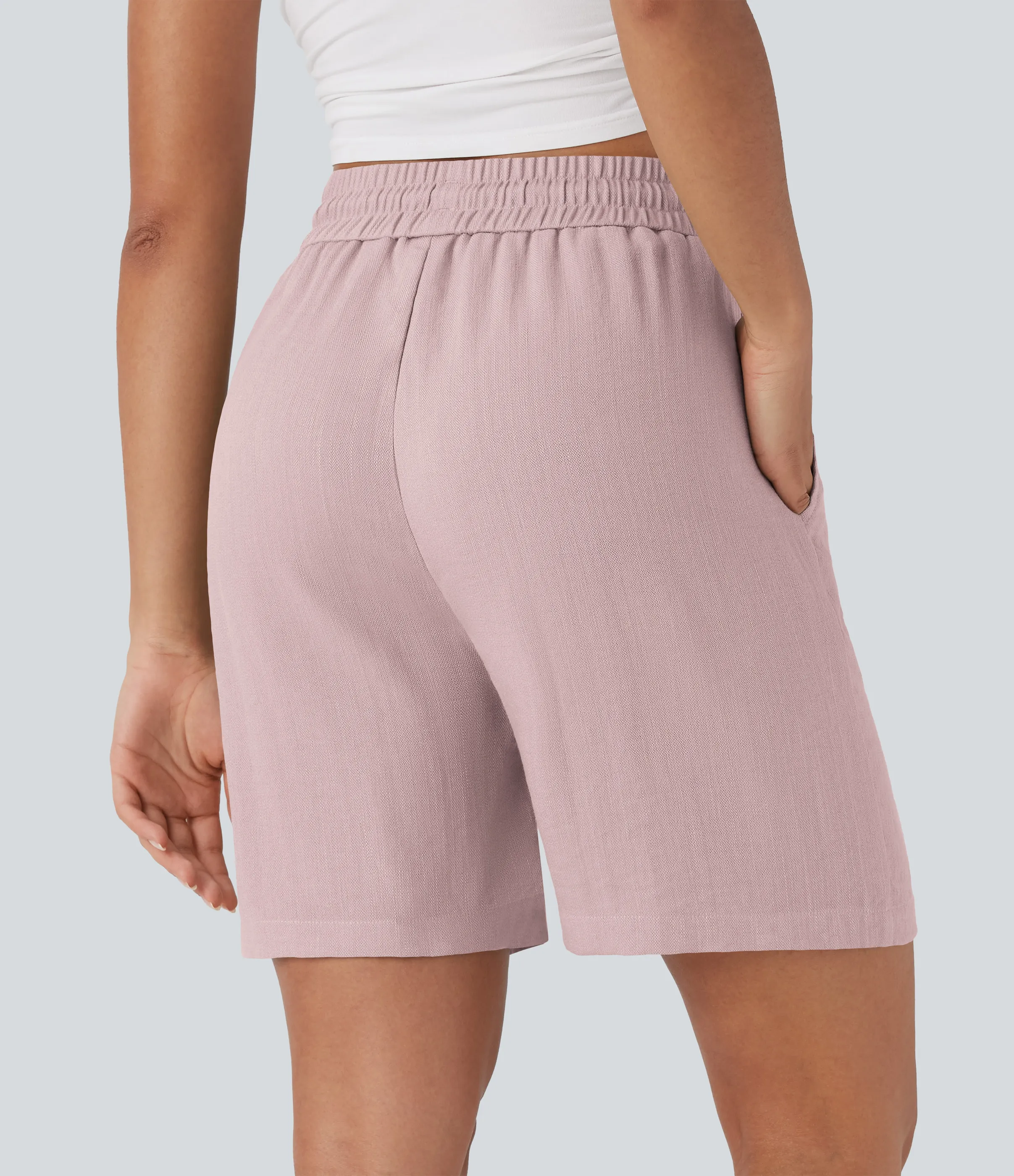 Halara Shorts casuales de lino con tiro alto y cordón ajustable con bolsillos laterales - Pale Mauve - S sold by Halara product image thumbnail 3
