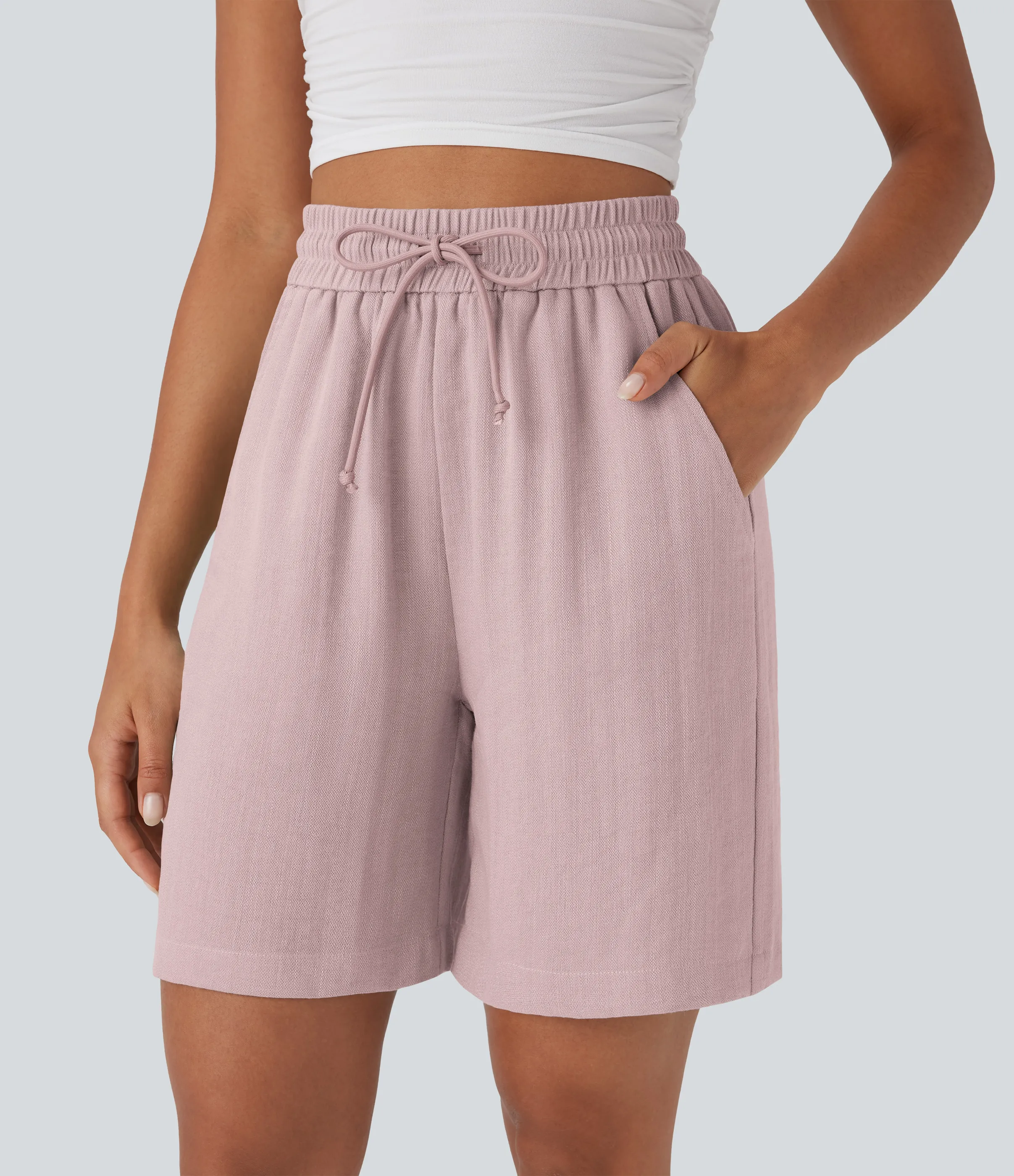 Halara Shorts casuales de lino con tiro alto y cordón ajustable con bolsillos laterales - Pale Mauve - S sold by Halara product image thumbnail 4
