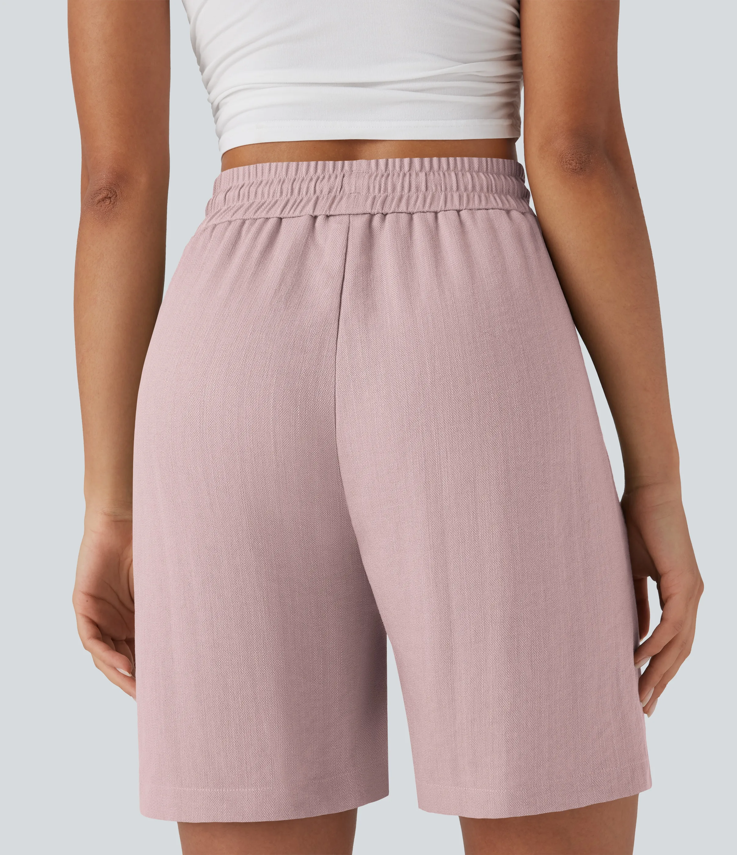 Halara Shorts casuales de lino con tiro alto y cordón ajustable con bolsillos laterales - Pale Mauve - S sold by Halara product image thumbnail 5
