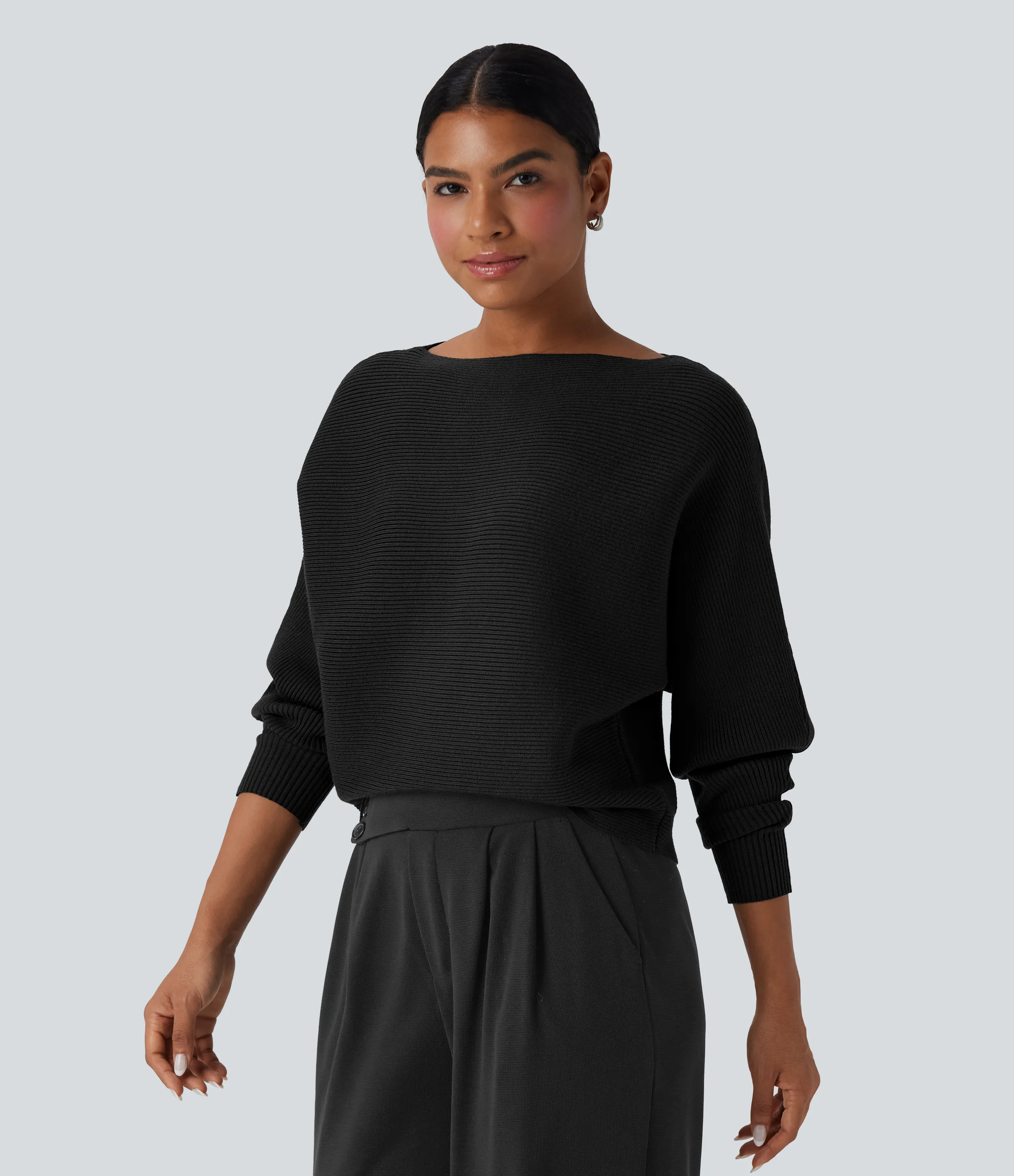 Halara Suéter casual con cuello barco y mangas murciélago - Black - M sold by Halara product image thumbnail 4