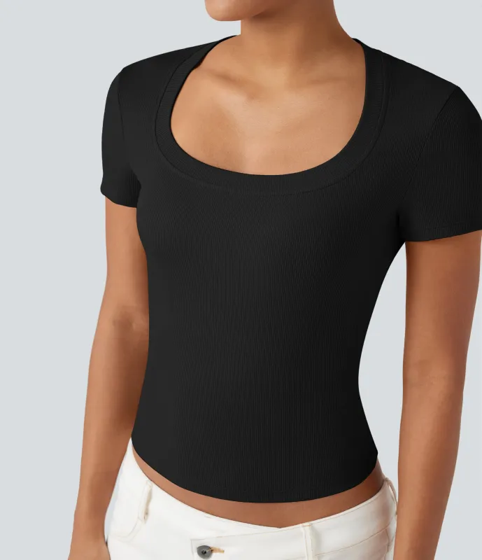Halara Camiseta casual de manga corta de punto acanalado - Black - XL made by Halara