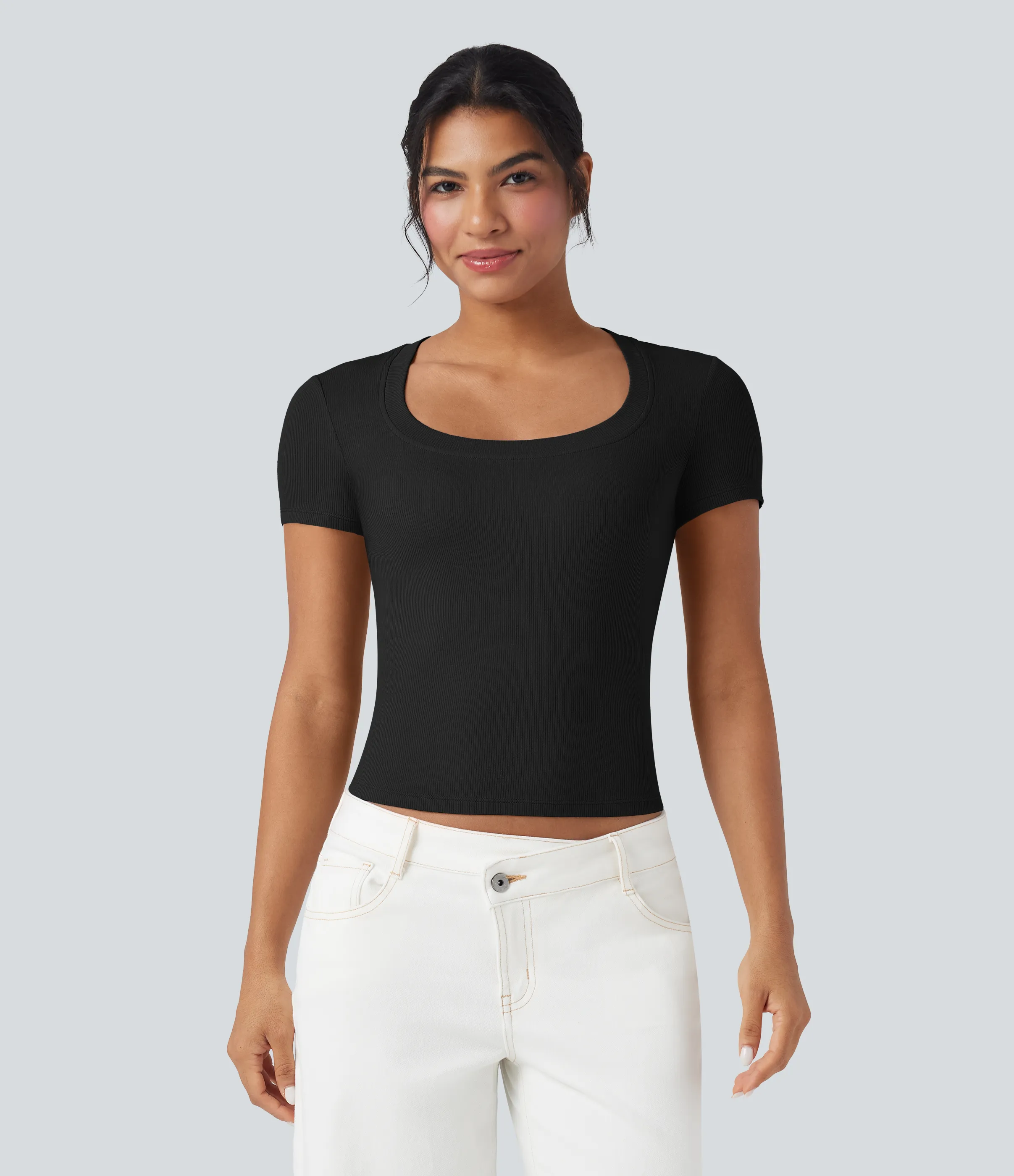 Halara Camiseta casual de manga corta de punto acanalado - Black - XL sold by Halara product image thumbnail 4