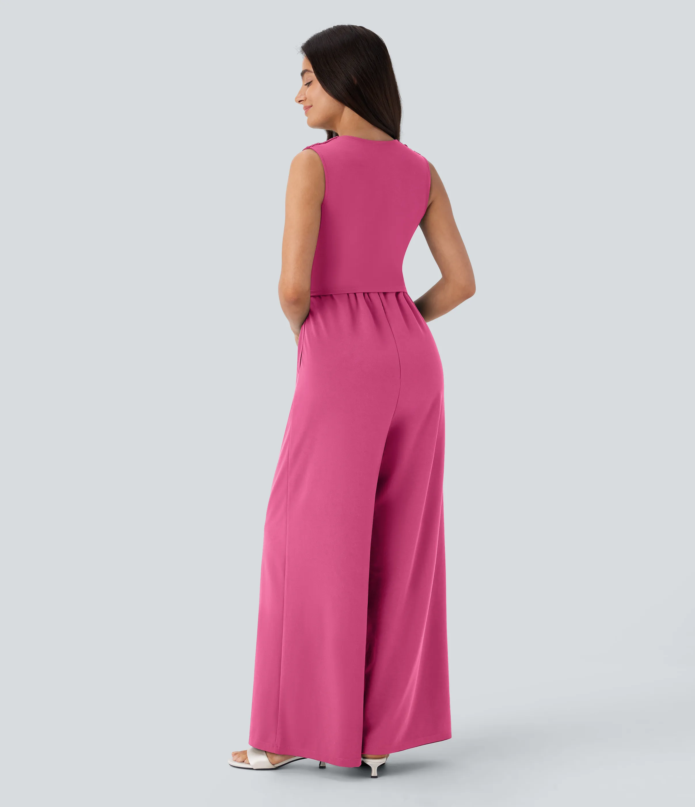 Halara Mono fiesta cuello V sin mangas fruncido lateral cremallera invisible - Easy Peezy - Fandango Pink - XL(petite) sold by Halara product image thumbnail 3