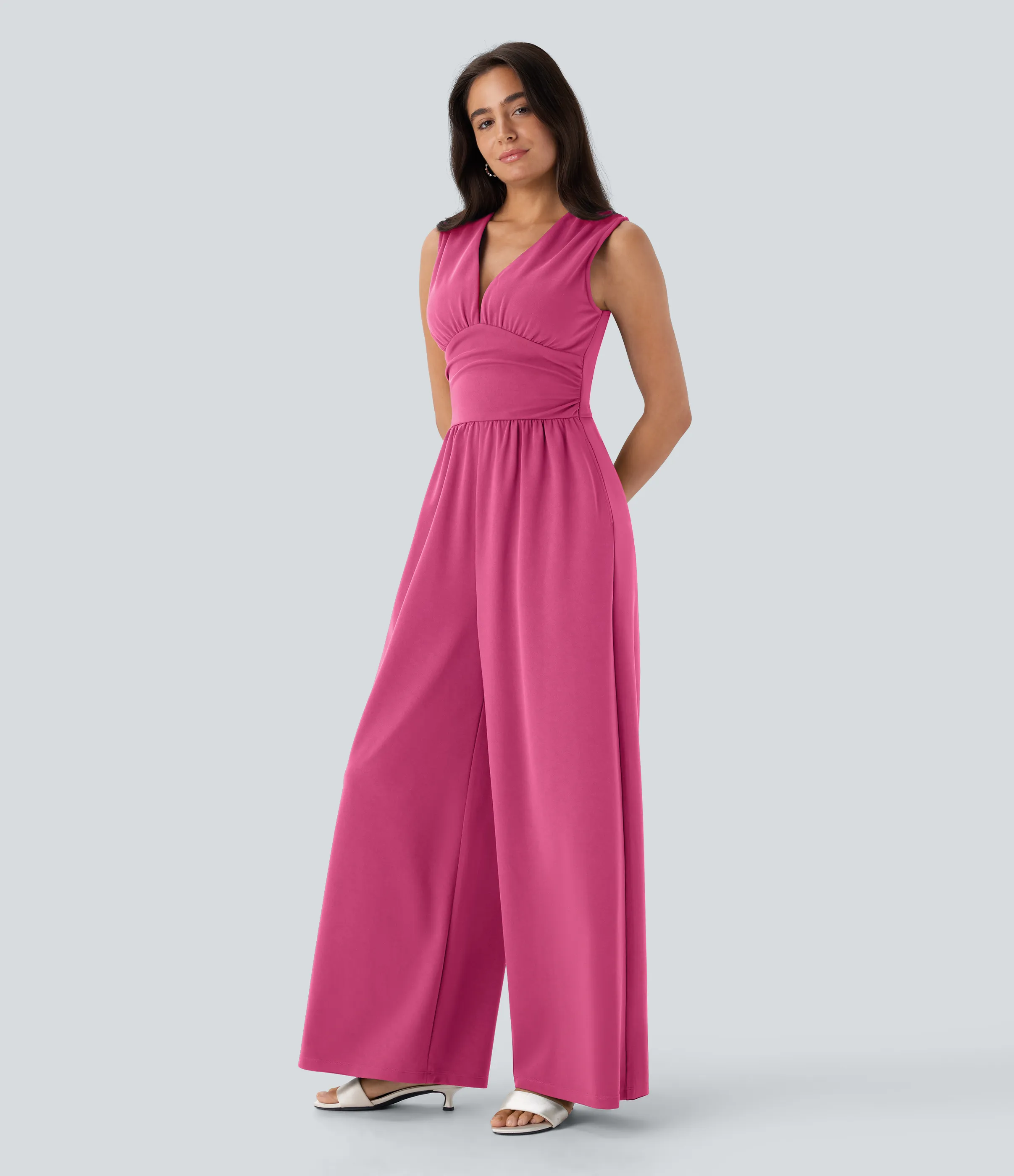 Halara Mono fiesta cuello V sin mangas fruncido lateral cremallera invisible - Easy Peezy - Fandango Pink - XL(petite) sold by Halara product image thumbnail 4