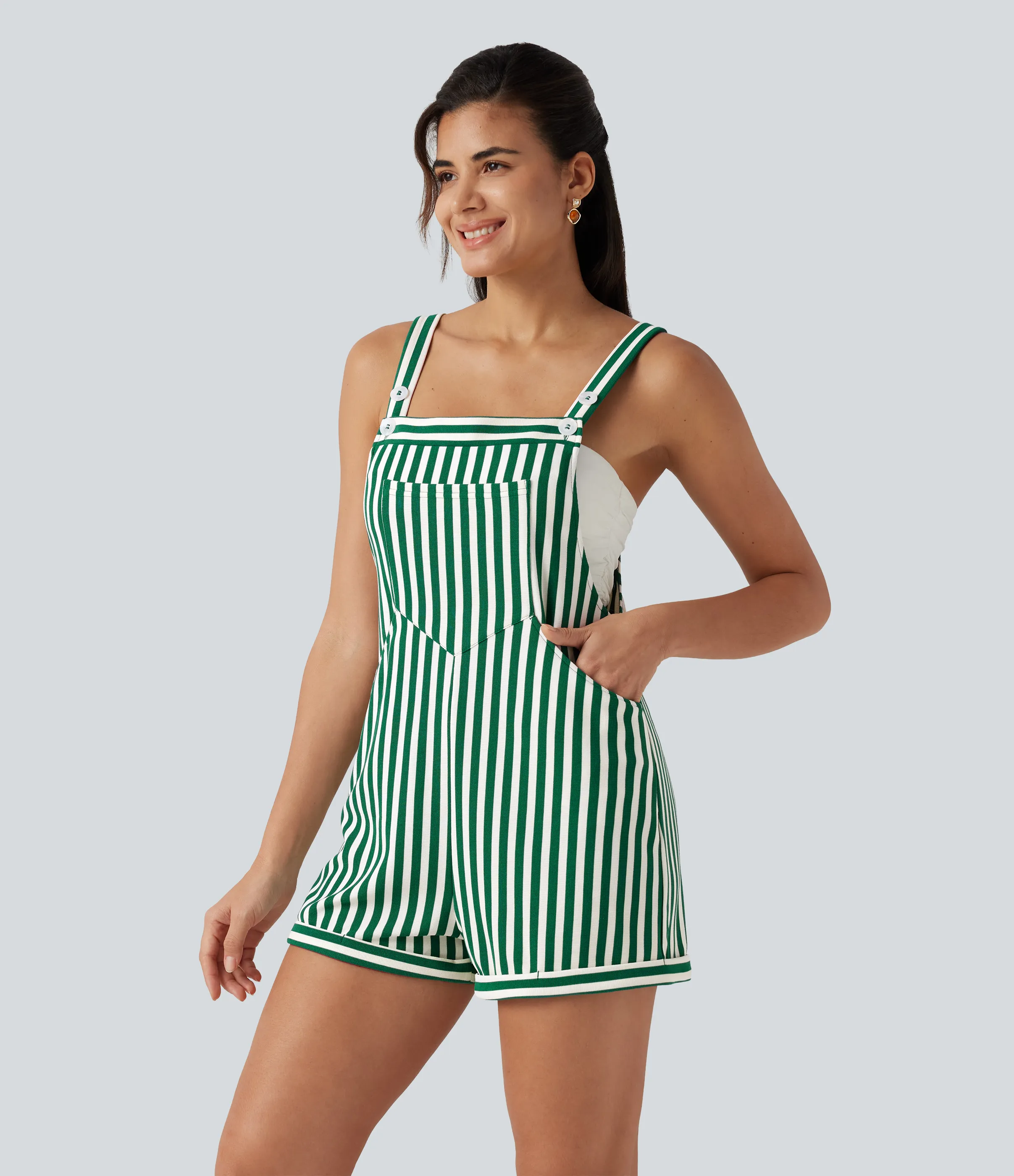 Halara Overol resort gofre raya múltiple bolsillo botón correa ajustable - Pine Stripe - M sold by Halara product image thumbnail 4