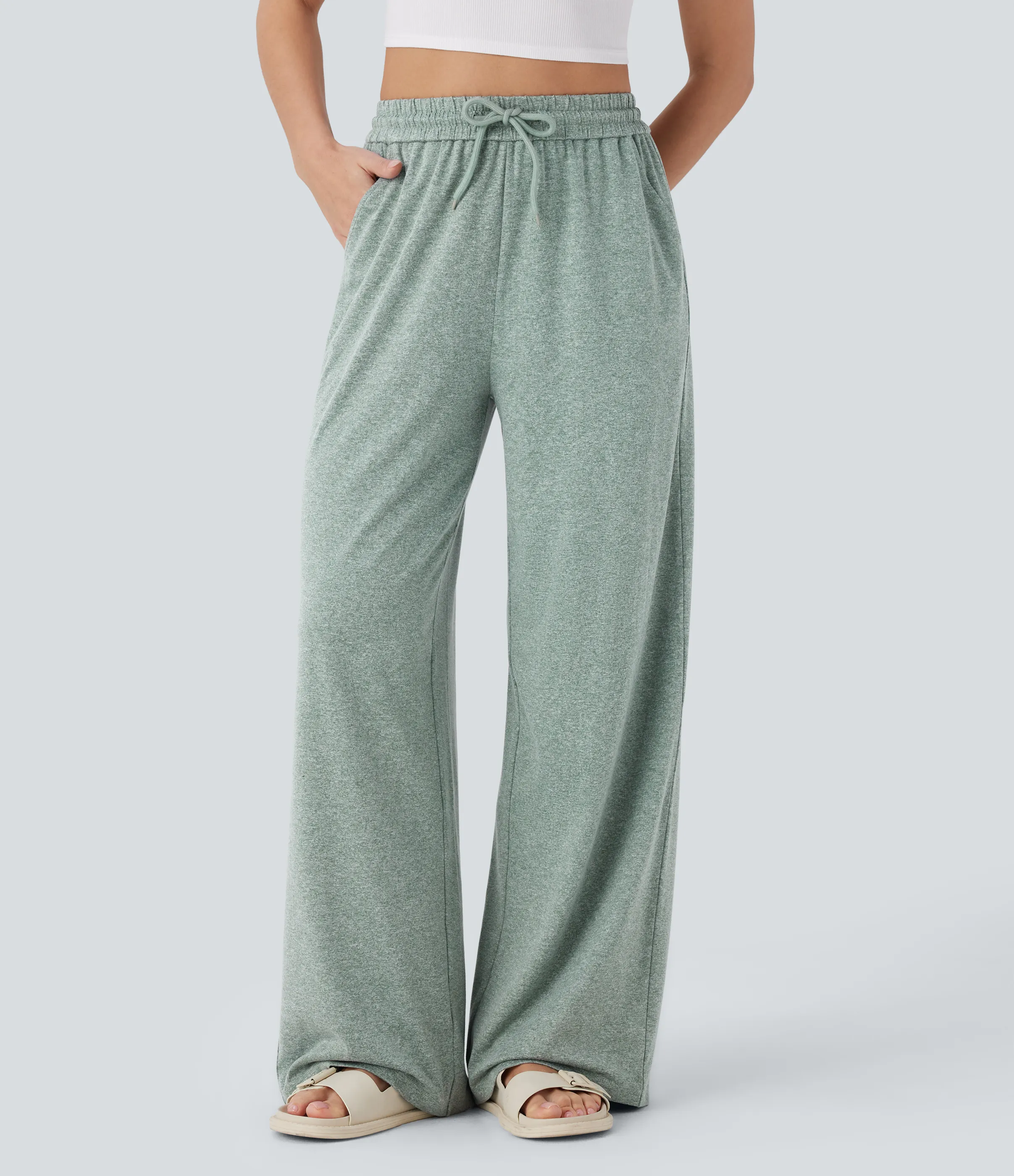 Halara Pantalón pierna ancha bolsillo lateral cordón tiro alto - Mottled Pine Green - M(petite) sold by Halara product image thumbnail 2
