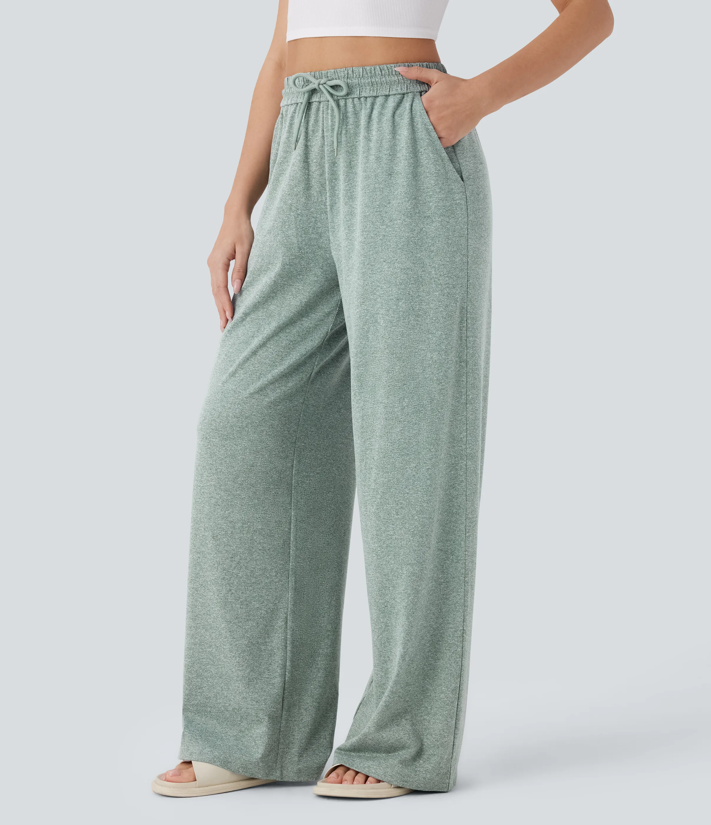 Halara Pantalón pierna ancha bolsillo lateral cordón tiro alto - Mottled Pine Green - M(petite) sold by Halara product image thumbnail 4