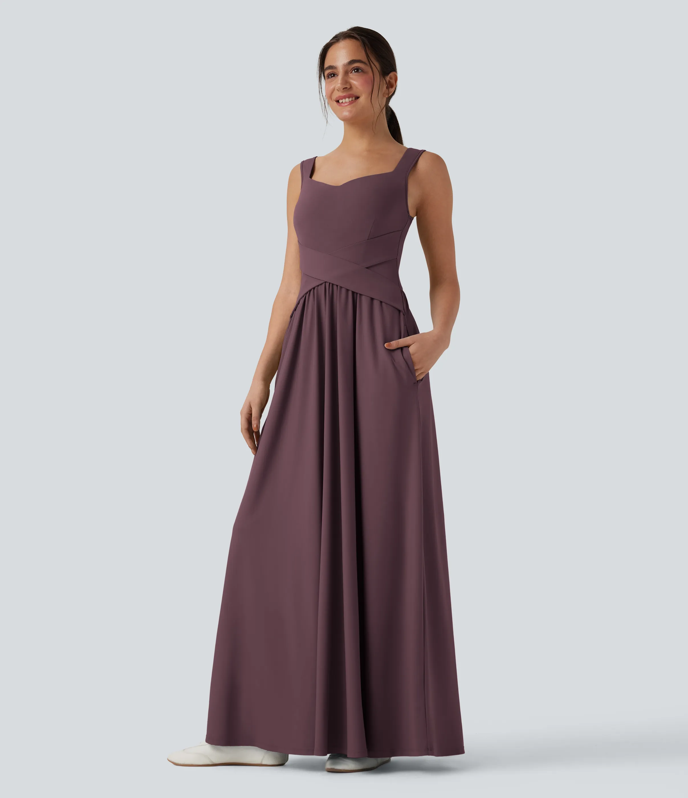 Halara Vestido largo maxi casual fluido con bolsillos - Plum Wine - XL sold by Halara