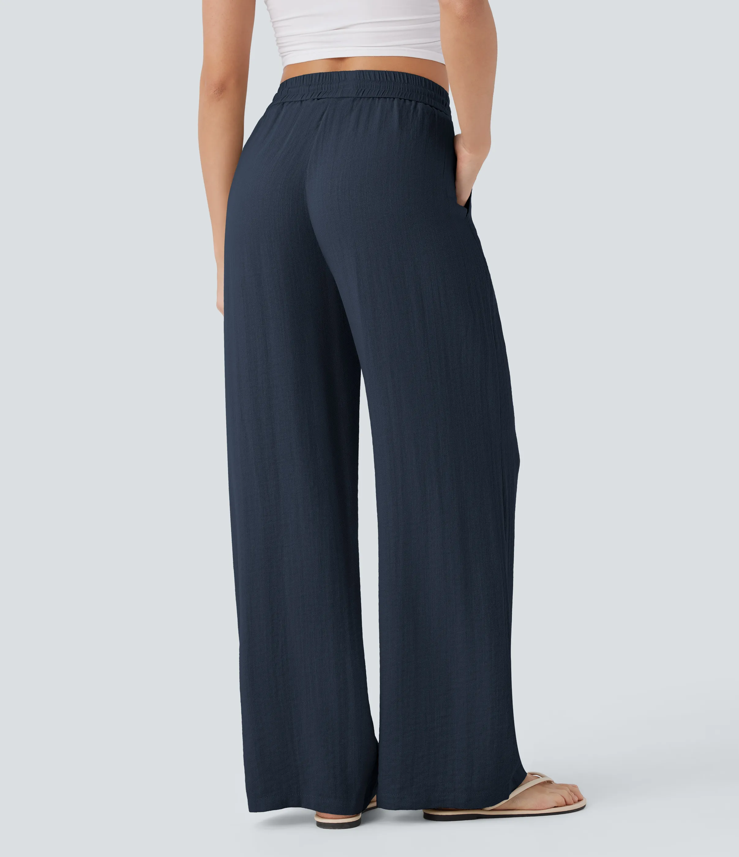 Halara Pantalón lino tiro alto cordón ajustable bolsillo lateral pierna ancha - Dark Blue - XL(extall) sold by Halara product image thumbnail 3