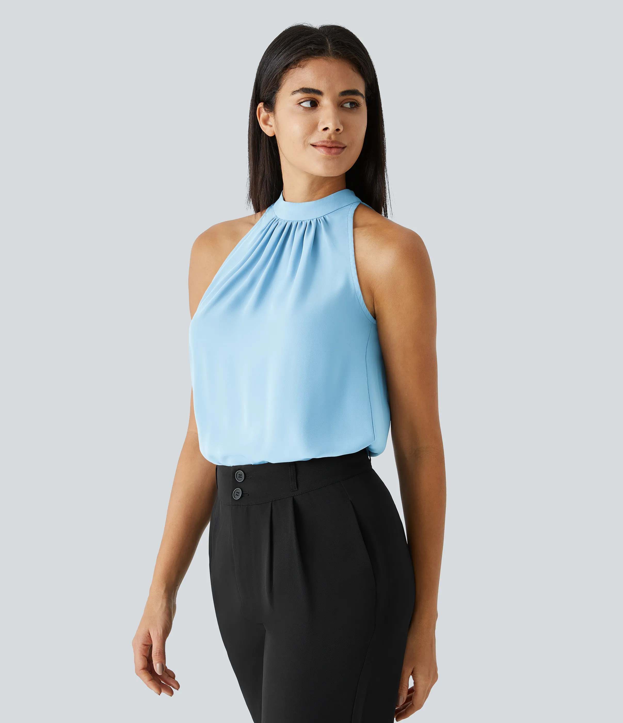 Halara Blusa oficina dobladillo curvado sin manga plisada abertura espalda halter - Rippling Blue - S sold by Halara product image thumbnail 2