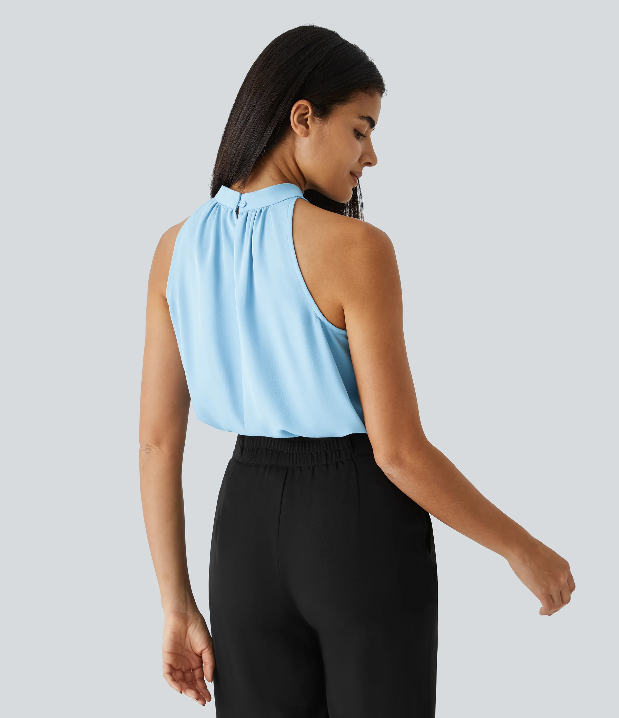 Halara Blusa oficina dobladillo curvado sin manga plisada abertura espalda halter - Rippling Blue - S sold by Halara product image thumbnail 3
