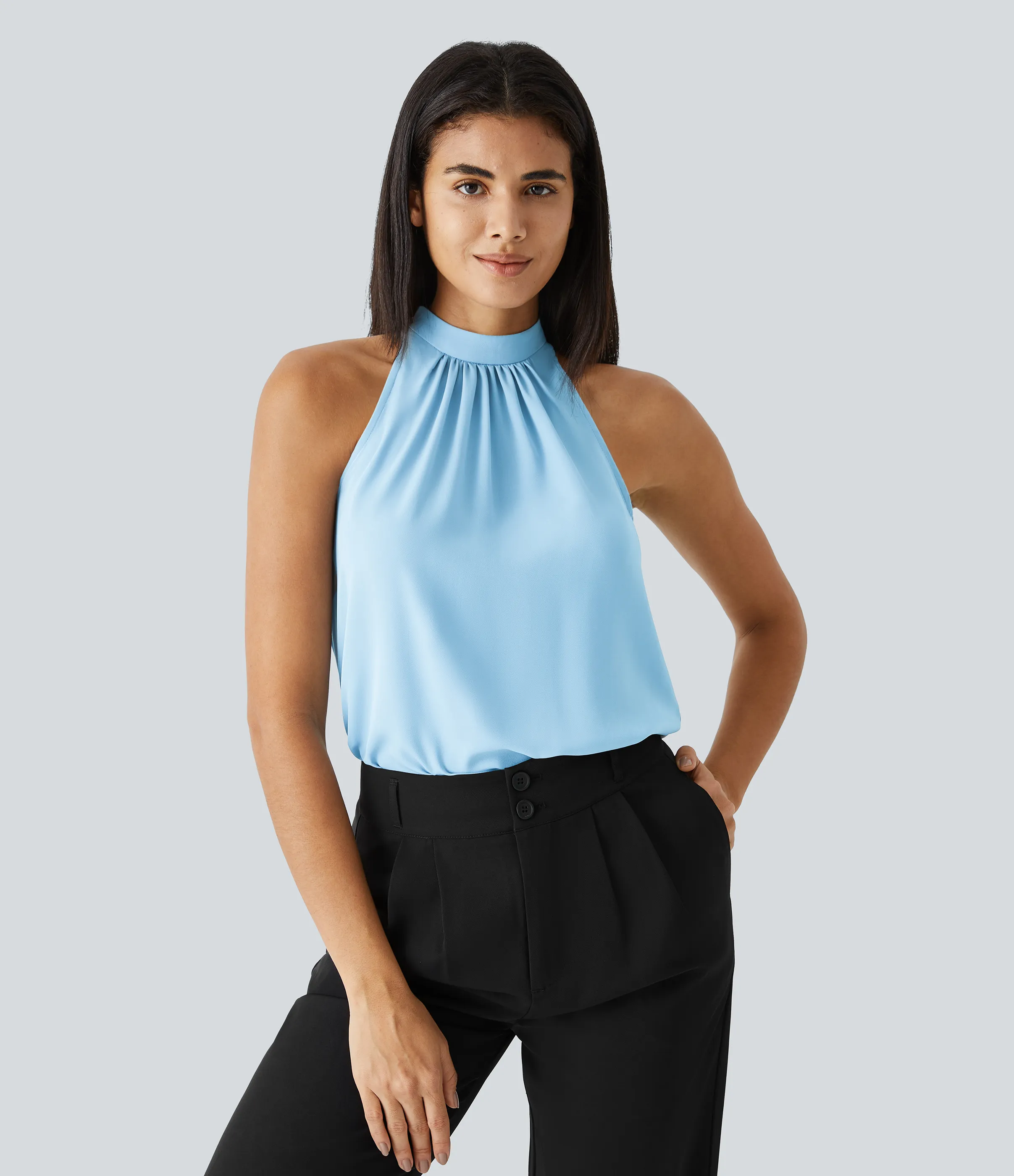 Halara Blusa oficina dobladillo curvado sin manga plisada abertura espalda halter - Rippling Blue - S sold by Halara product image thumbnail 4