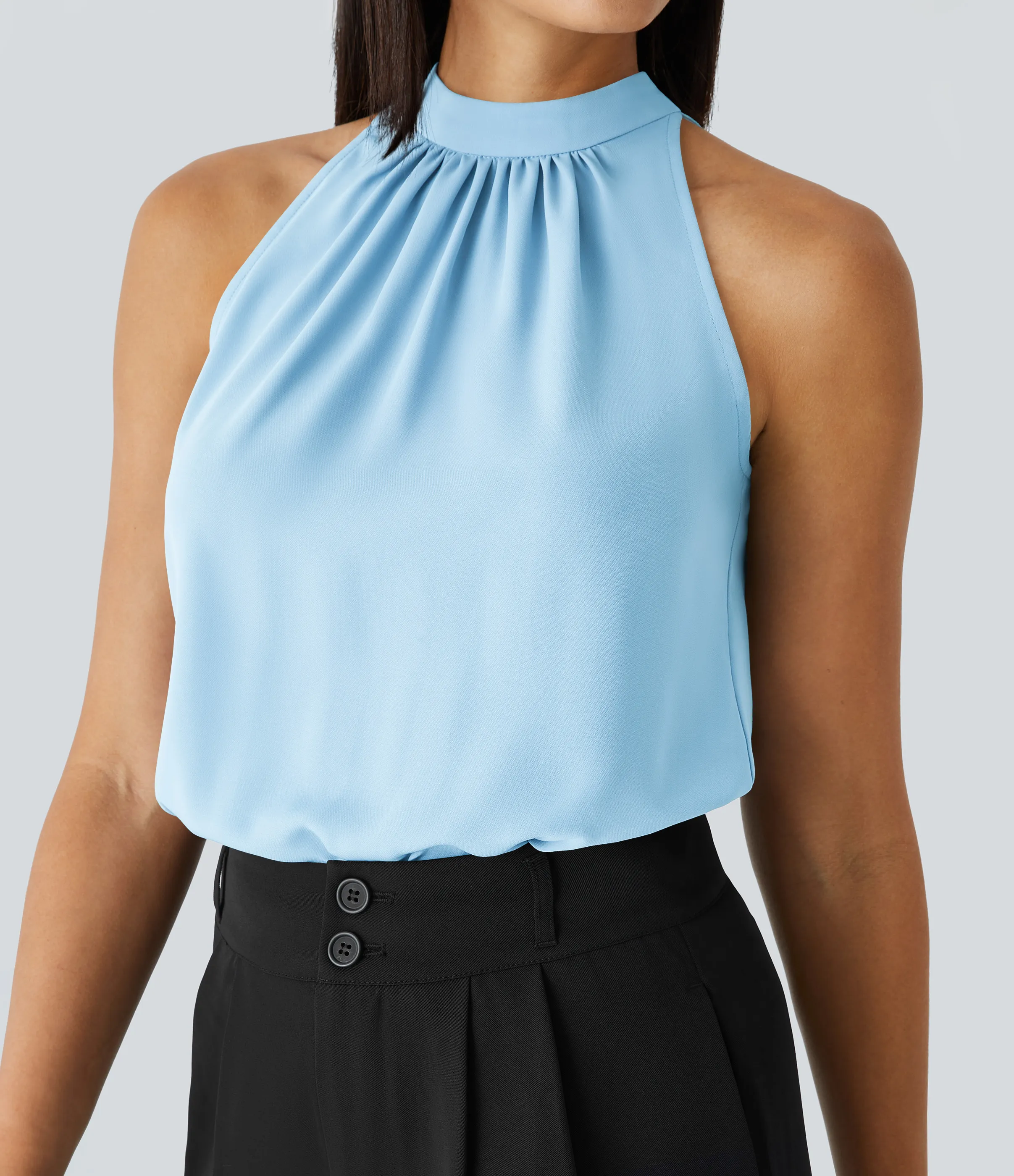 Halara Blusa oficina dobladillo curvado sin manga plisada abertura espalda halter - Rippling Blue - S sold by Halara product image thumbnail 5